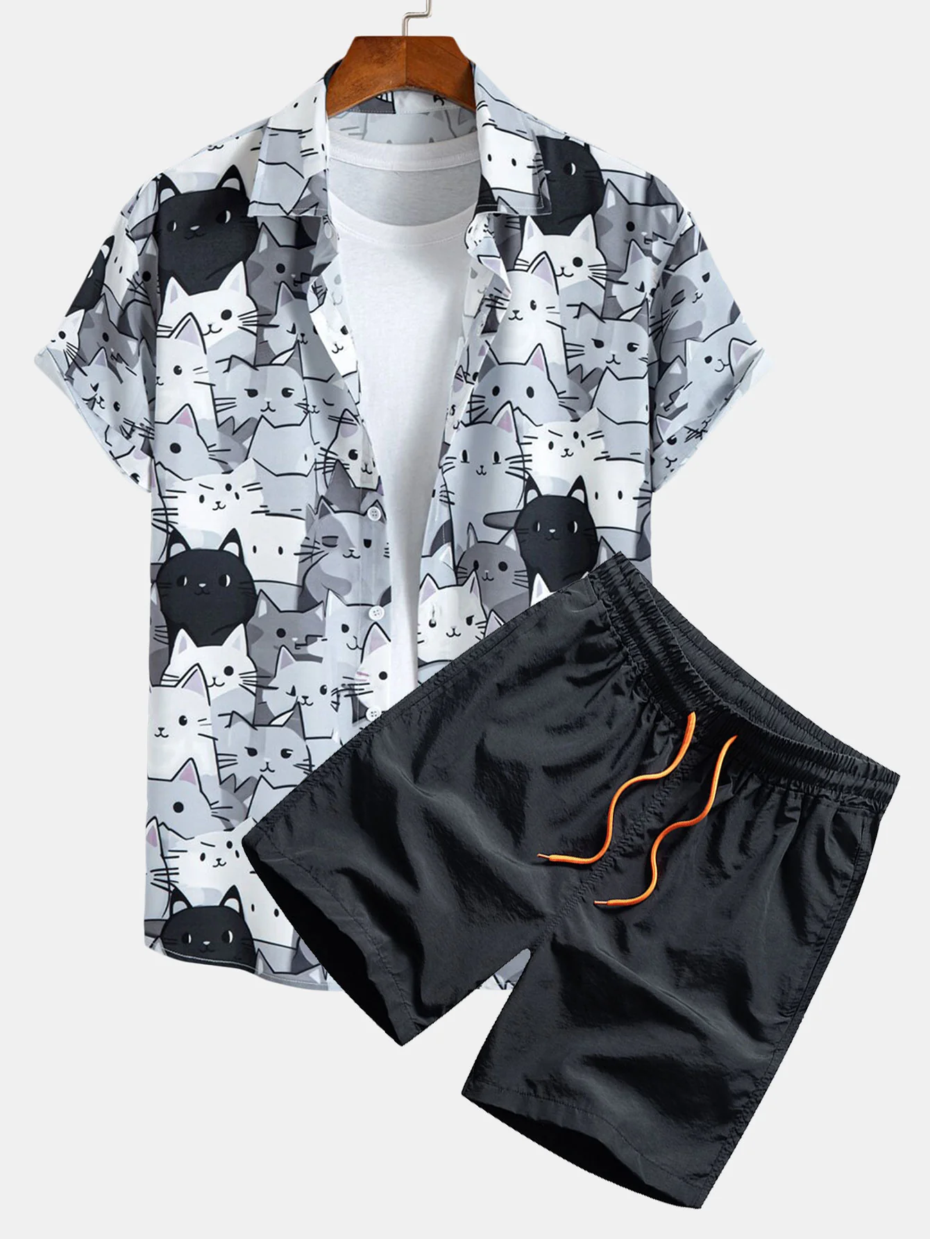 Cartoon-Katzen-Print Hemd mit Knopfleiste & Badeshorts mit Kordelzug - Image 2