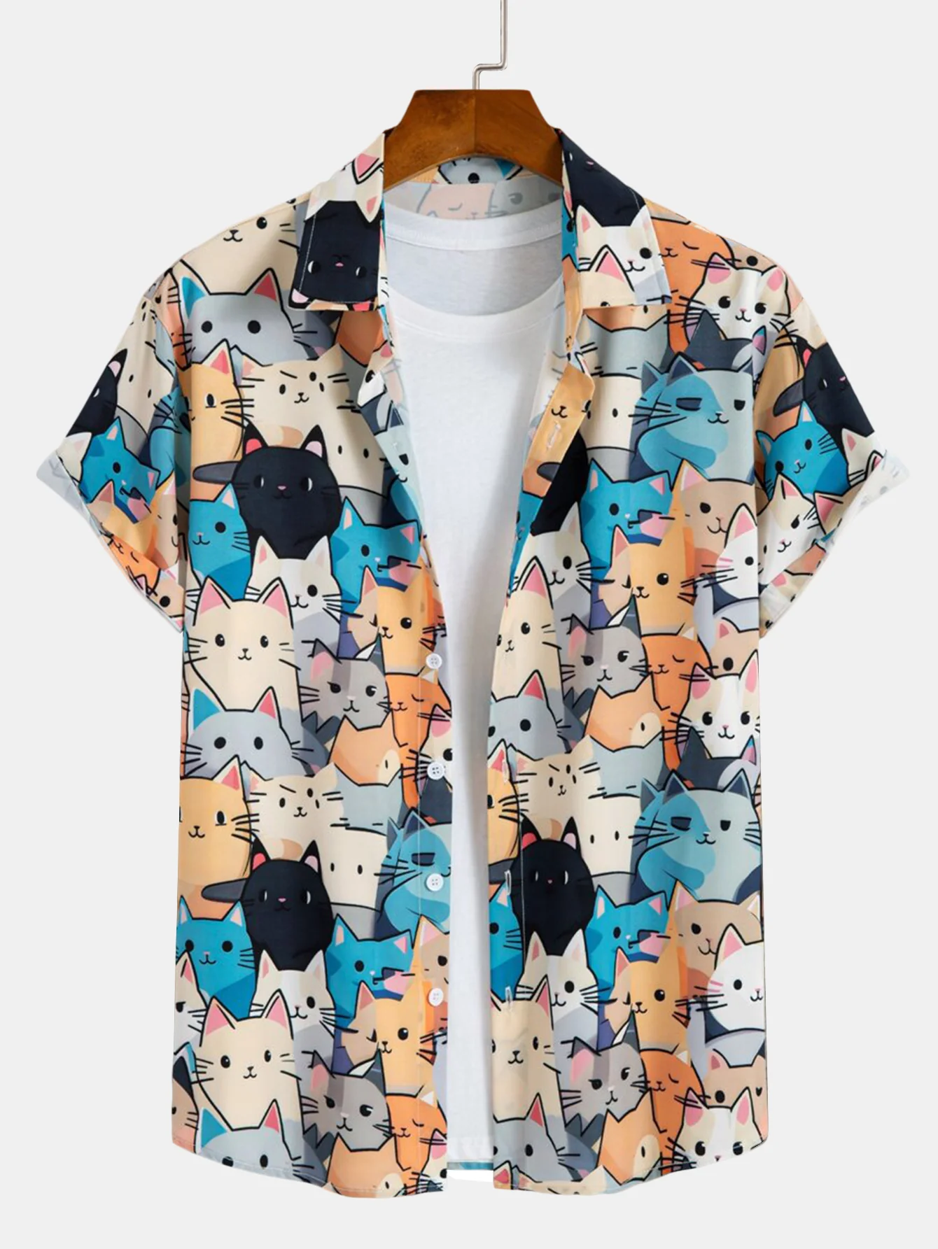 Cartoon-Katzen-Print Hemd mit Knopfleiste & Badeshorts mit Kordelzug - Image 3