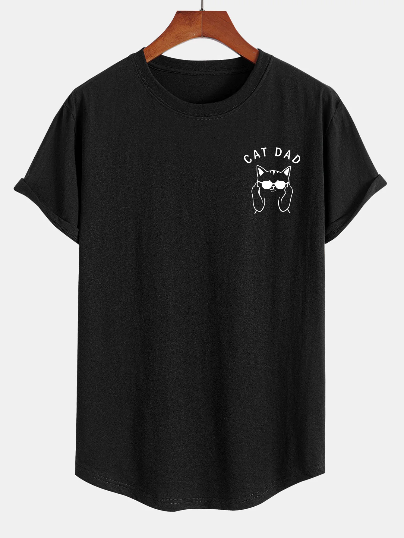 Cat Dad Print Baumwolle Arc Saum T-Shirt - Image 2