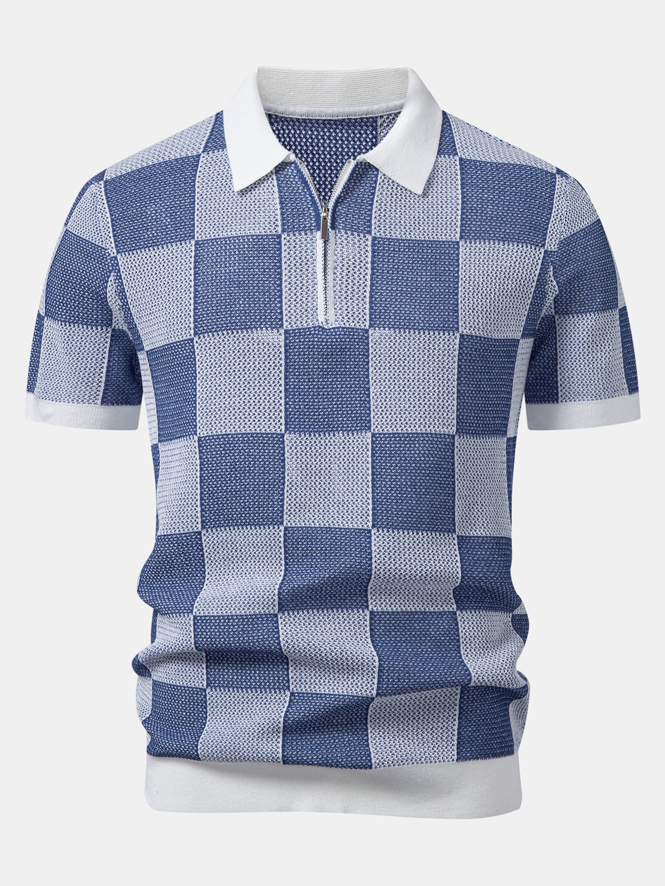 Checkerboard Crocheted Zipper Knit Polo