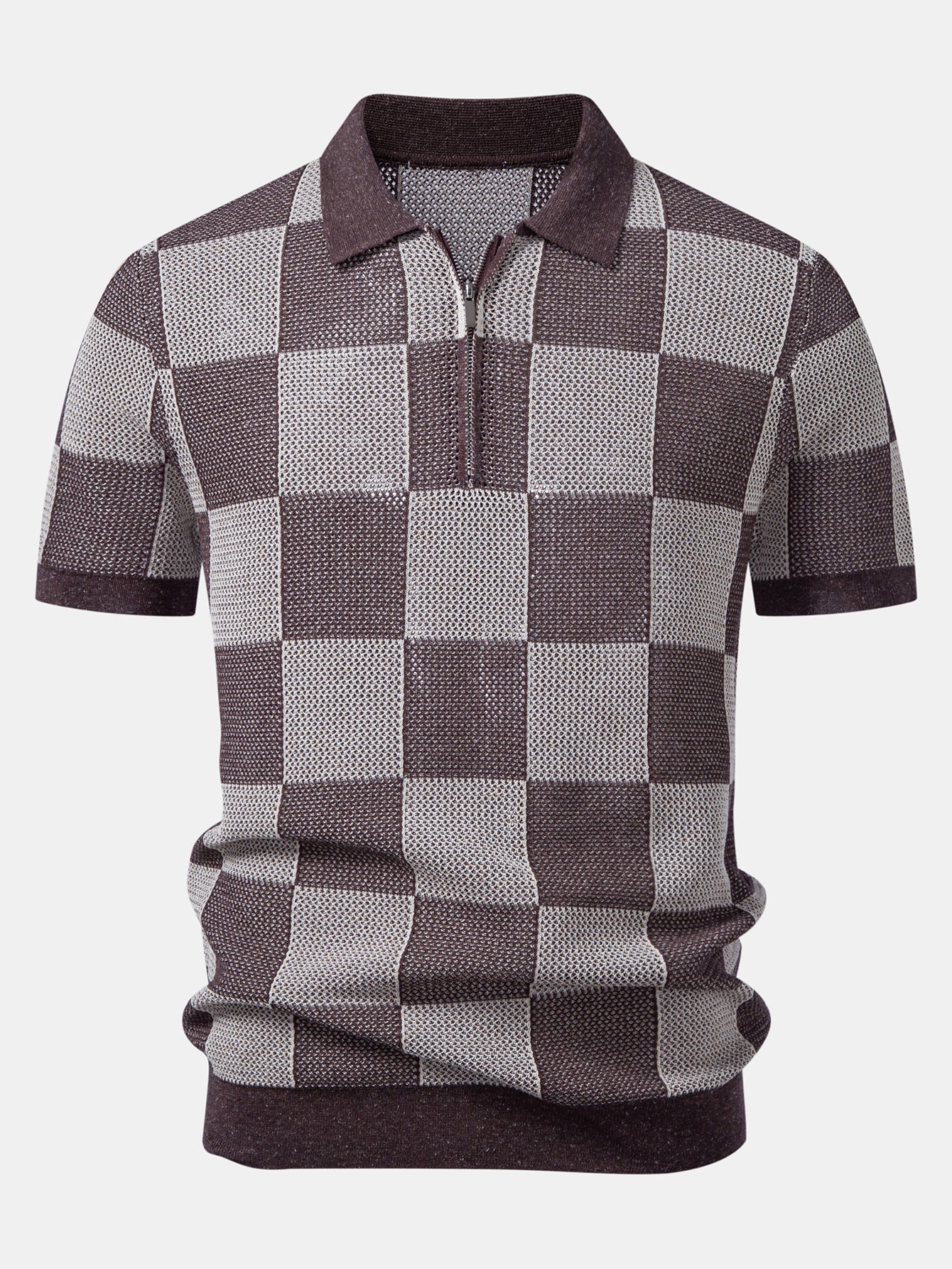 Checkerboard Crocheted Zipper Knit Polo - Image 3