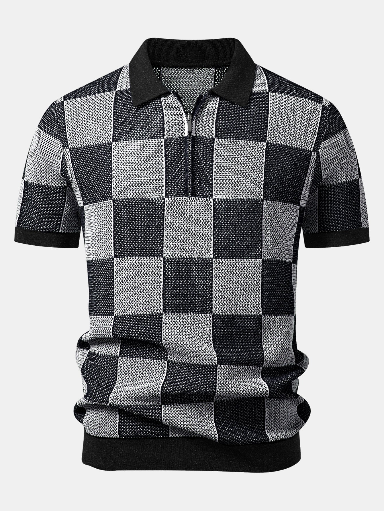Checkerboard Crocheted Zipper Knit Polo - Image 5