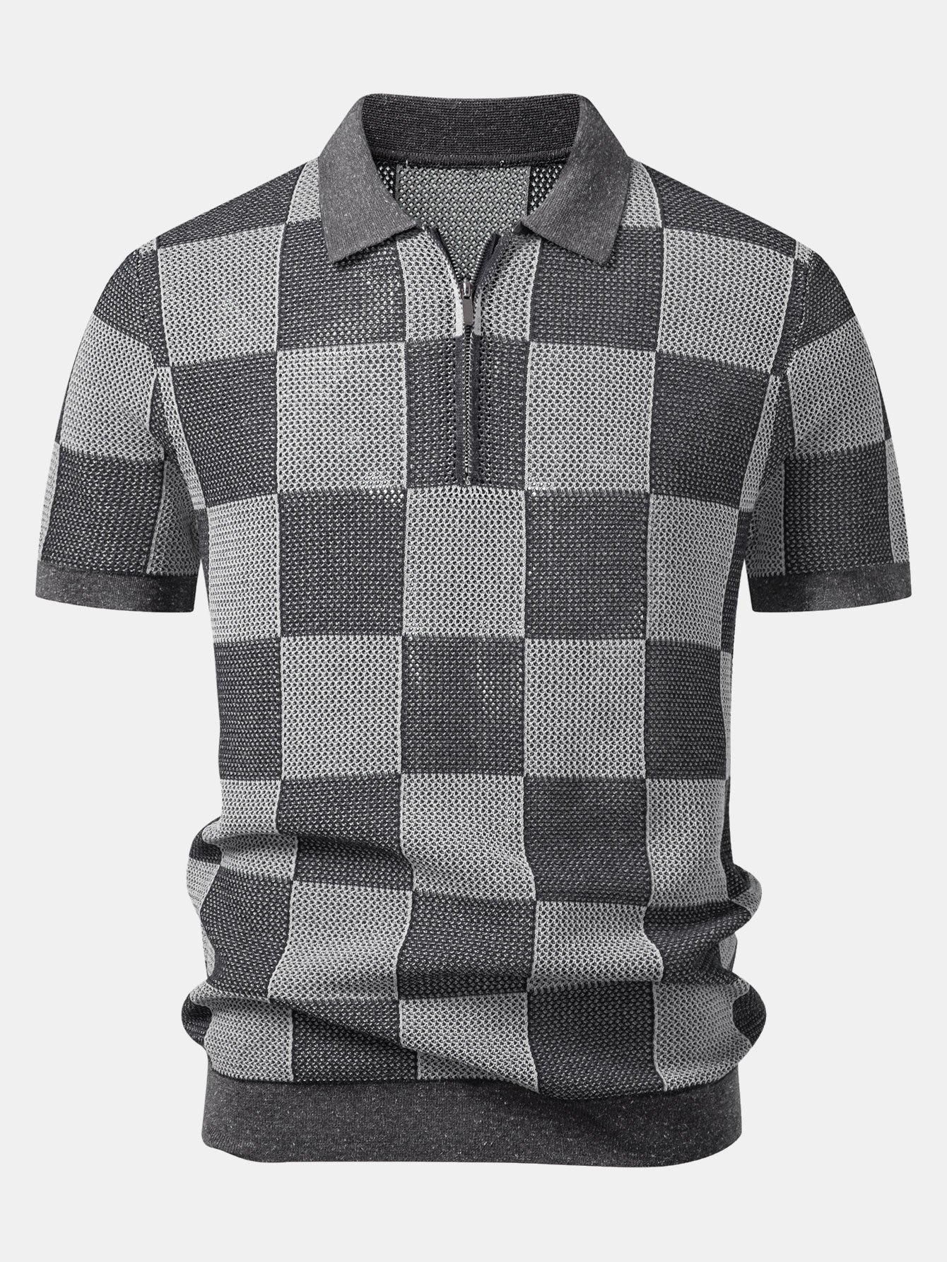 Checkerboard Crocheted Zipper Knit Polo - Image 7