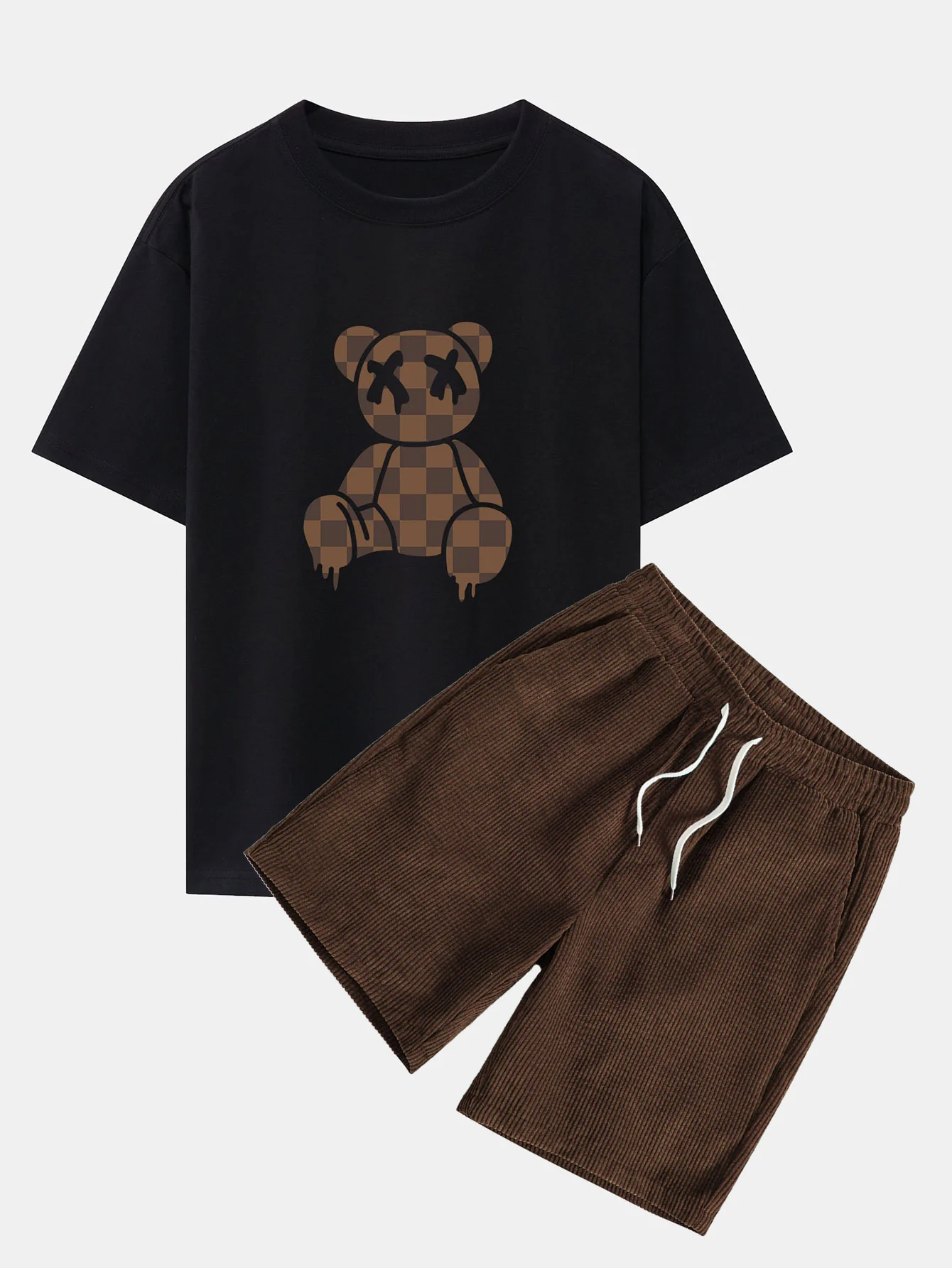 Schachbrett auflösender Bär Drop Shoulder Oversize T-Shirt & Cordhosen-Shorts