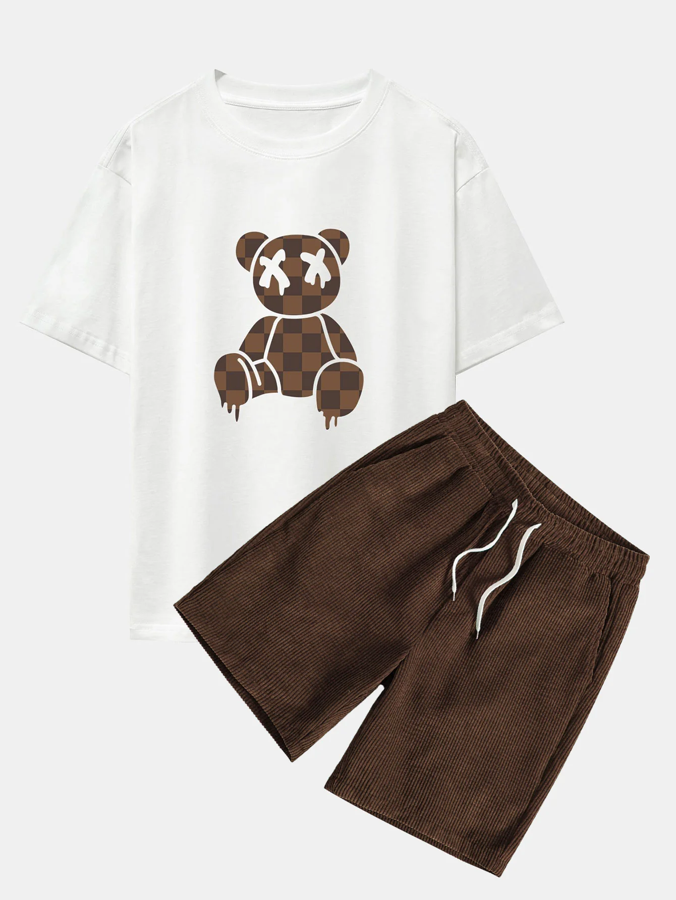 Schachbrett auflösender Bär Drop Shoulder Oversize T-Shirt & Cordhosen-Shorts - Image 2