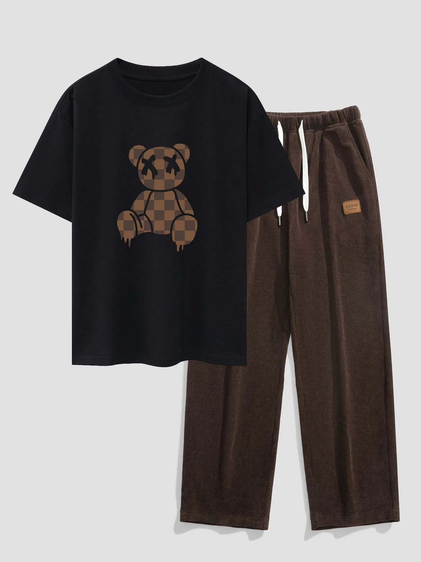 Schachbrett auflösender Bären Drop Shoulder Oversize T-Shirt & gerade Cordhosen