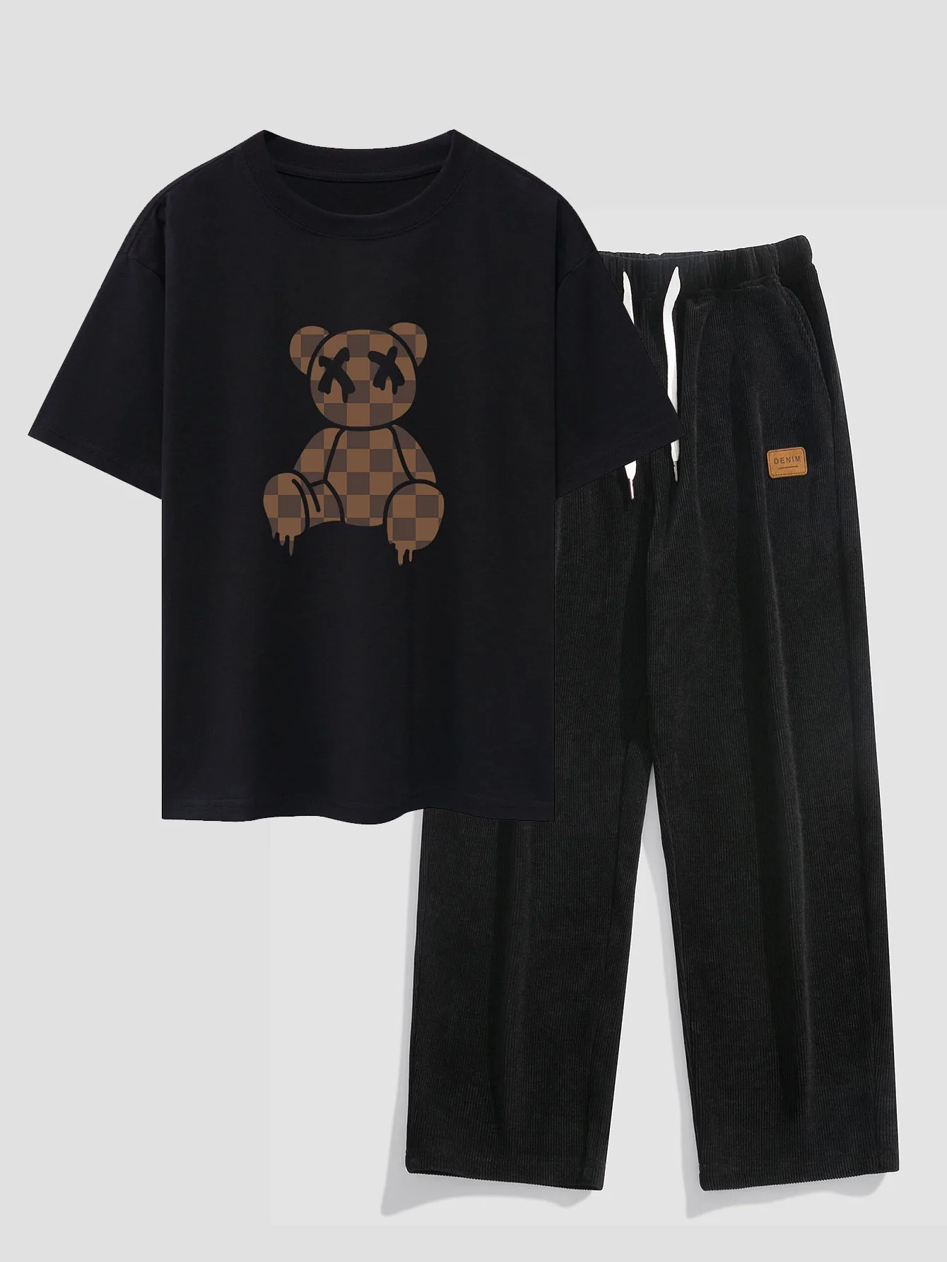 Schachbrett auflösender Bären Drop Shoulder Oversize T-Shirt & gerade Cordhosen - Image 2