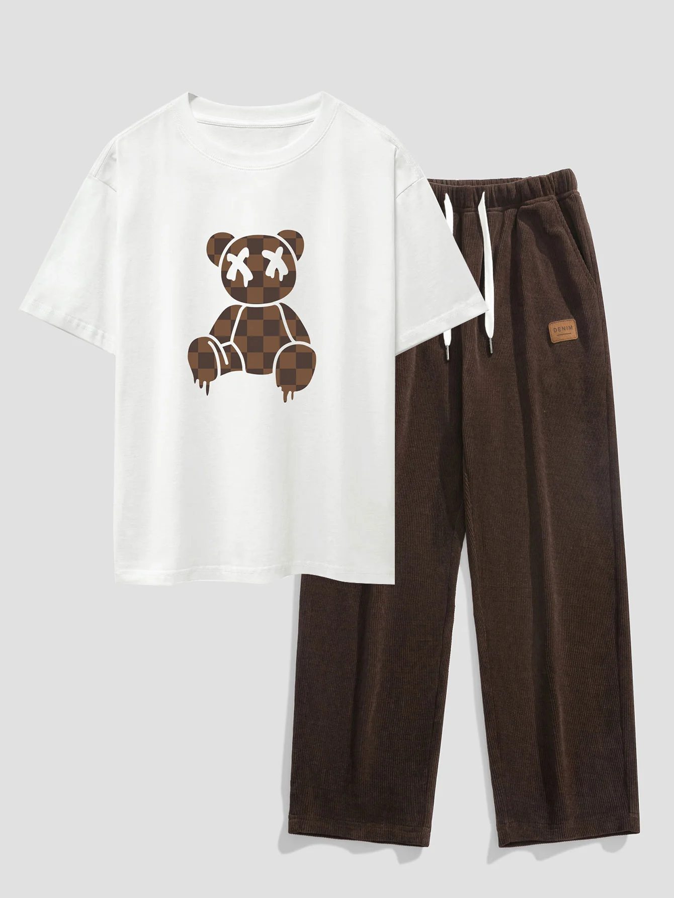 Schachbrett auflösender Bären Drop Shoulder Oversize T-Shirt & gerade Cordhosen - Image 3