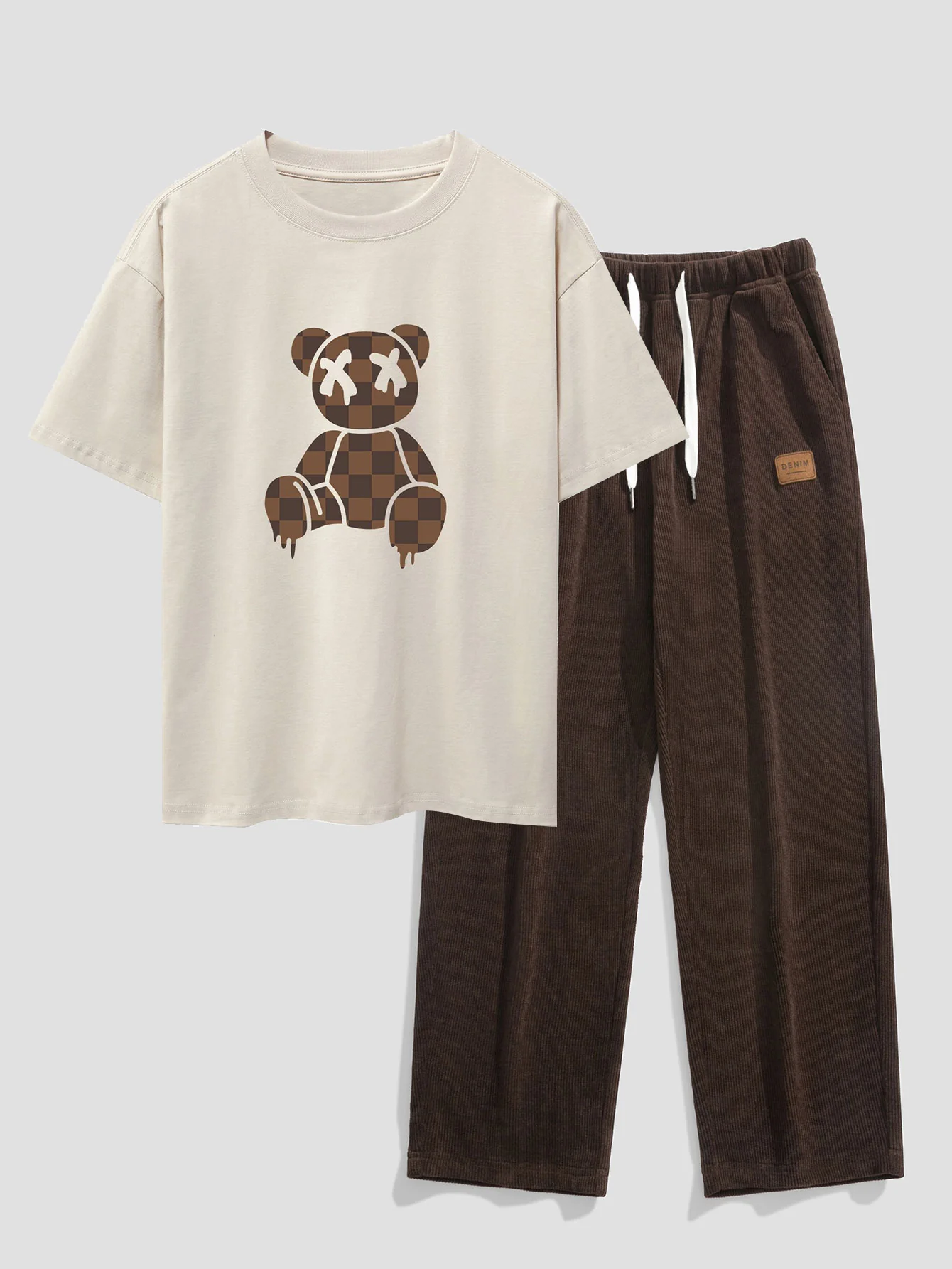 Schachbrett auflösender Bären Drop Shoulder Oversize T-Shirt & gerade Cordhosen - Image 4