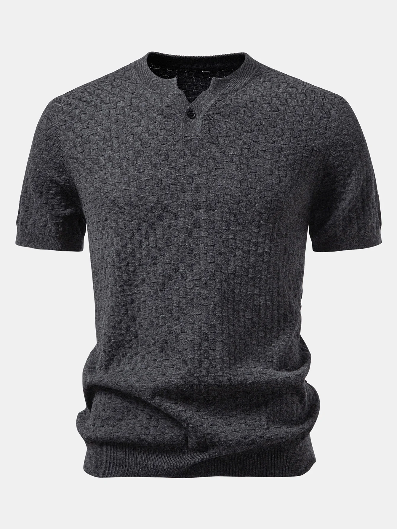 Schachbrett Henley Kragen Pullover Gestricktes T-Shirt - Image 3