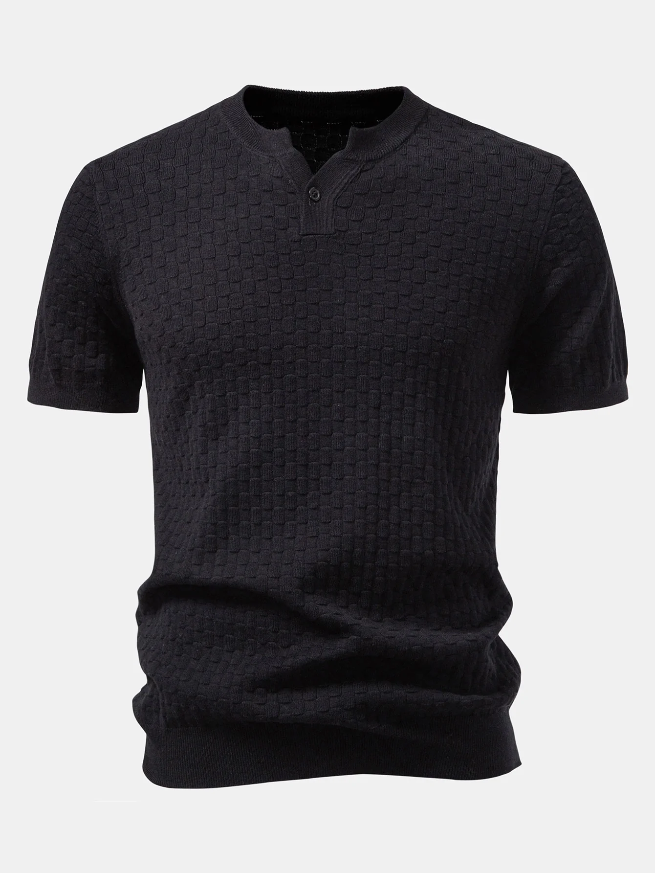 Schachbrett Henley Kragen Pullover Gestricktes T-Shirt - Image 5