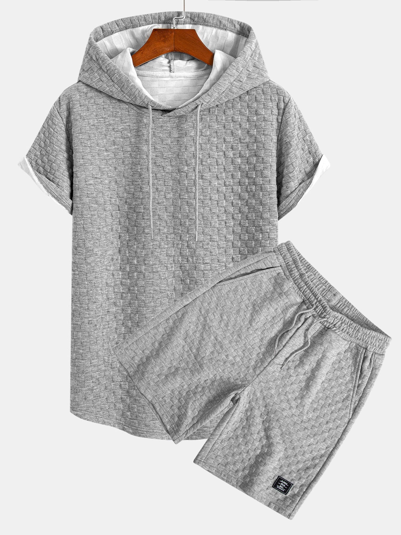Schachbrett-Jacquard Kapuzen-T-Shirt mit Bogen-Saum & Schachbrett-Jacquard Shorts - Image 3
