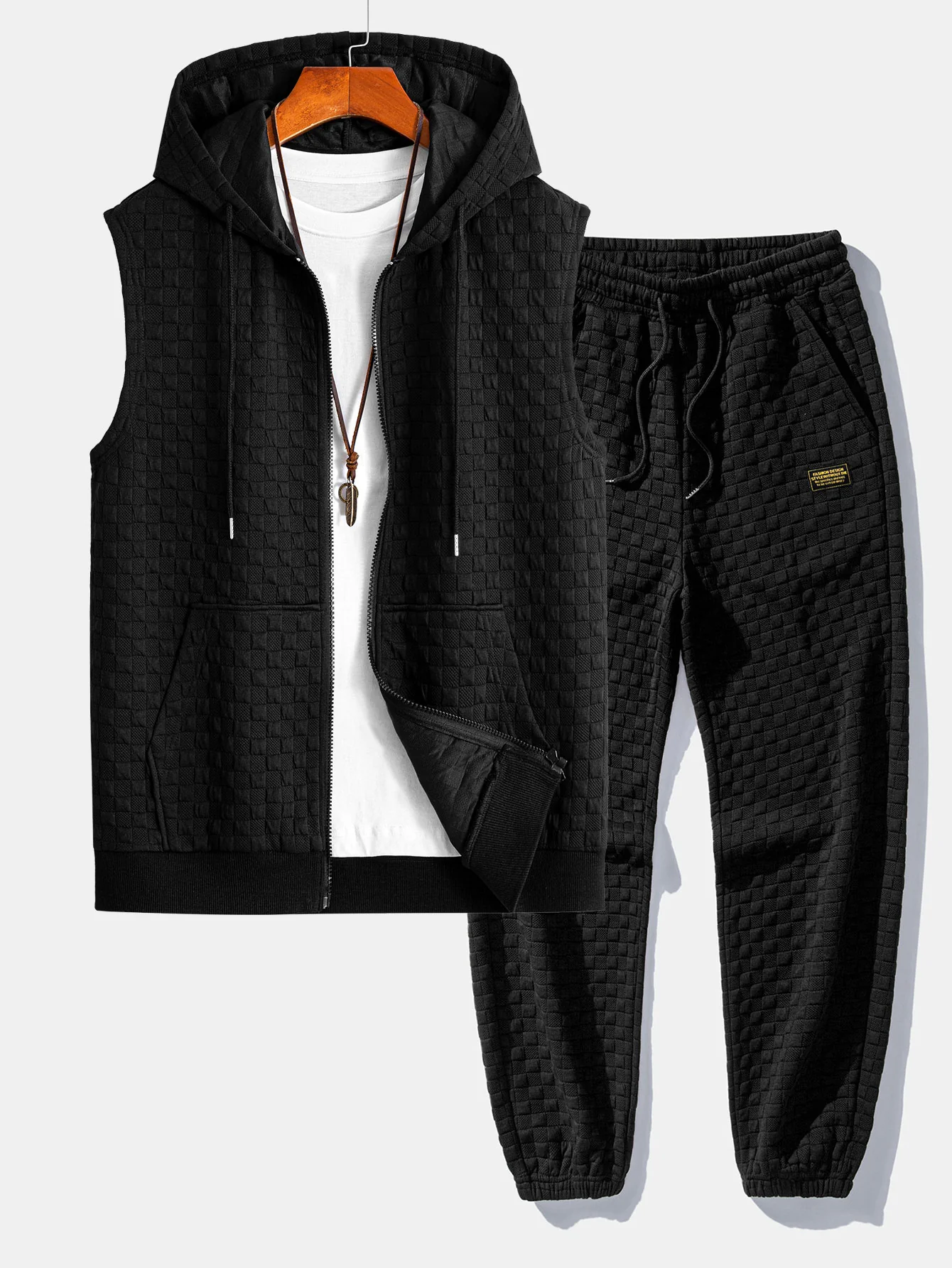 Checkerboard Sleeveless Zip Up Hoodie & Checkerboard Jacquard Jogger Pants - Image 2