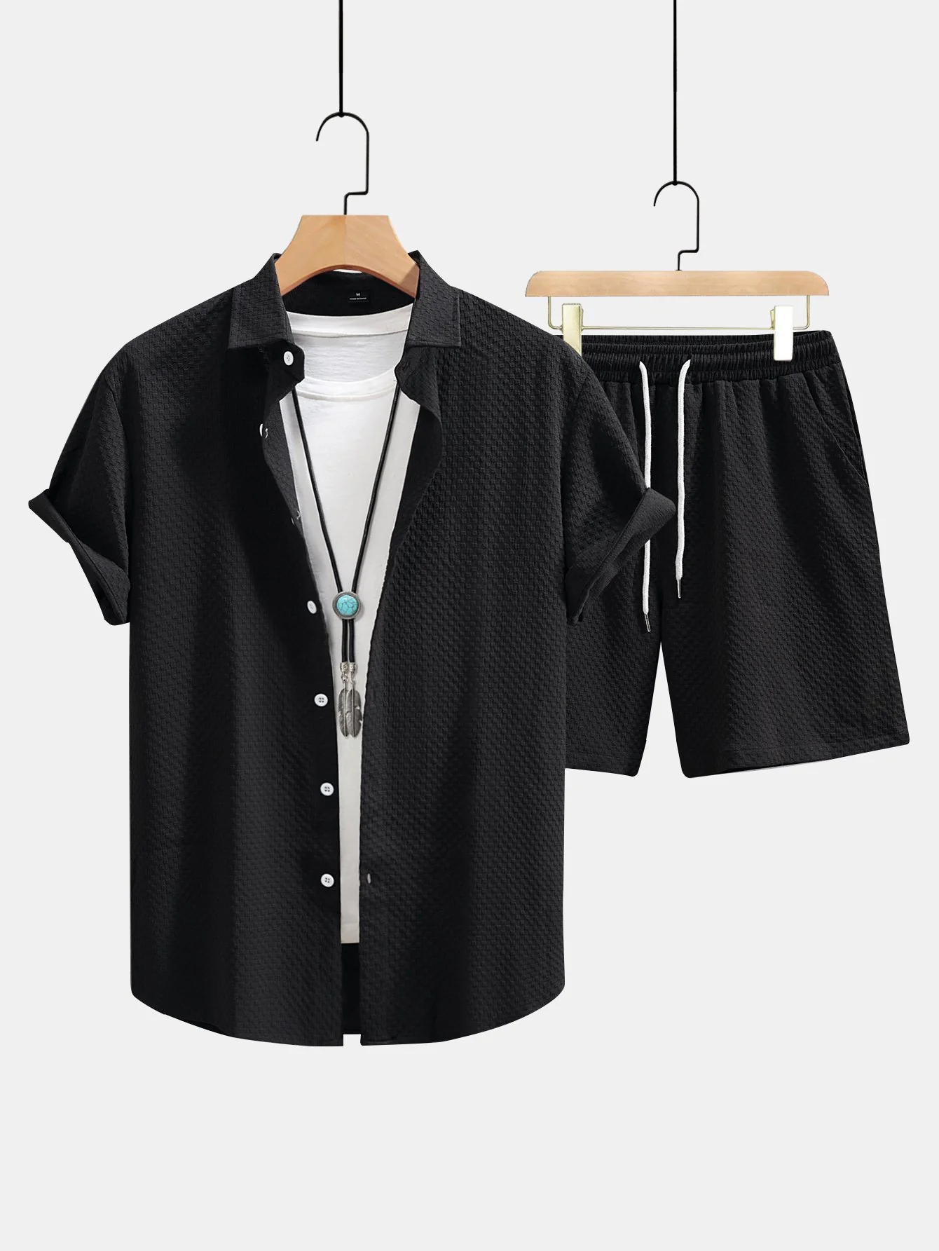 Schachbrettmuster Button-Up Hemd & Kordelzug Shorts - Image 3
