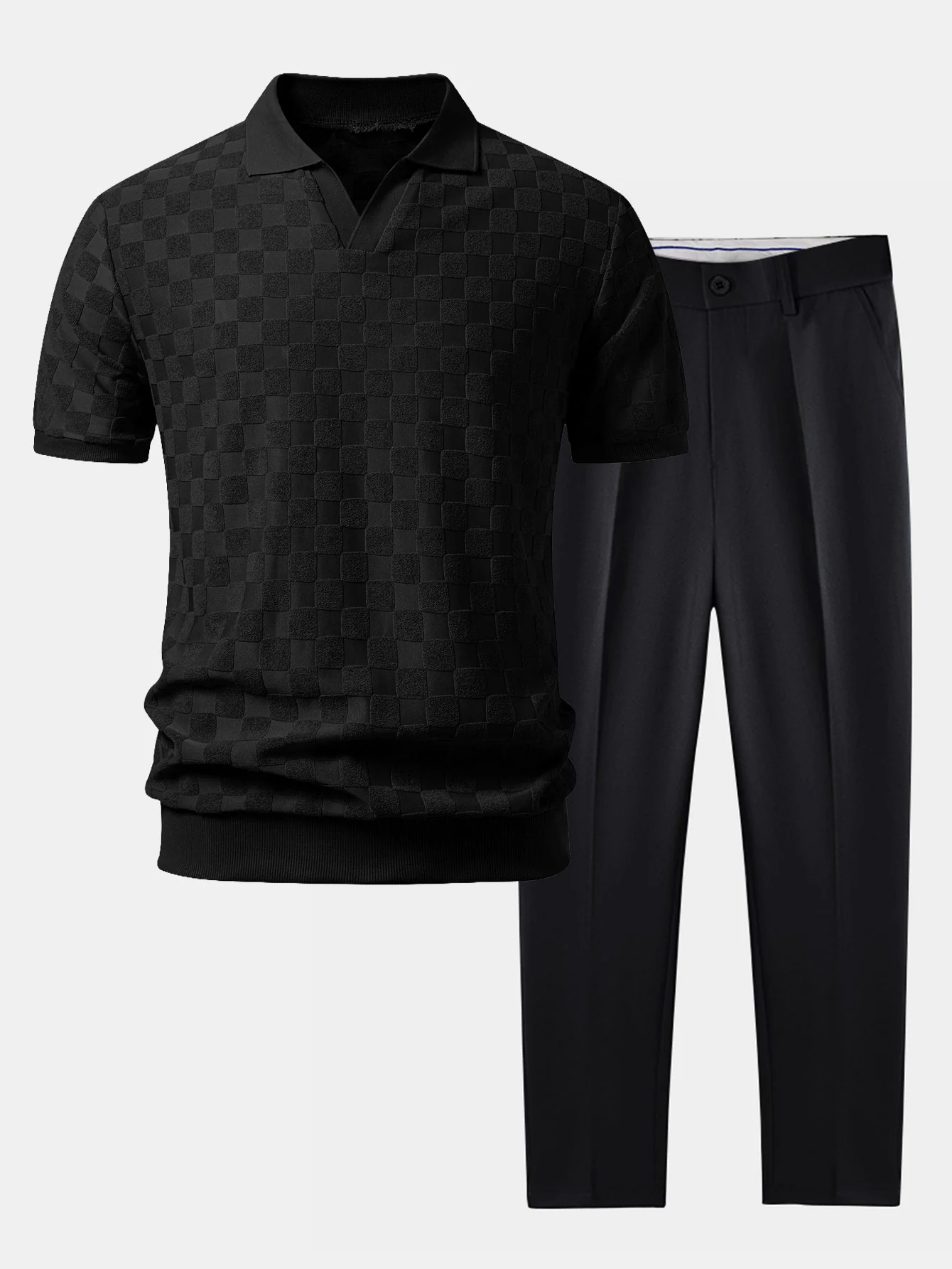 Checkerboard V-Neck Knit Polo & Slim Fit Tapered Trousers - Image 2