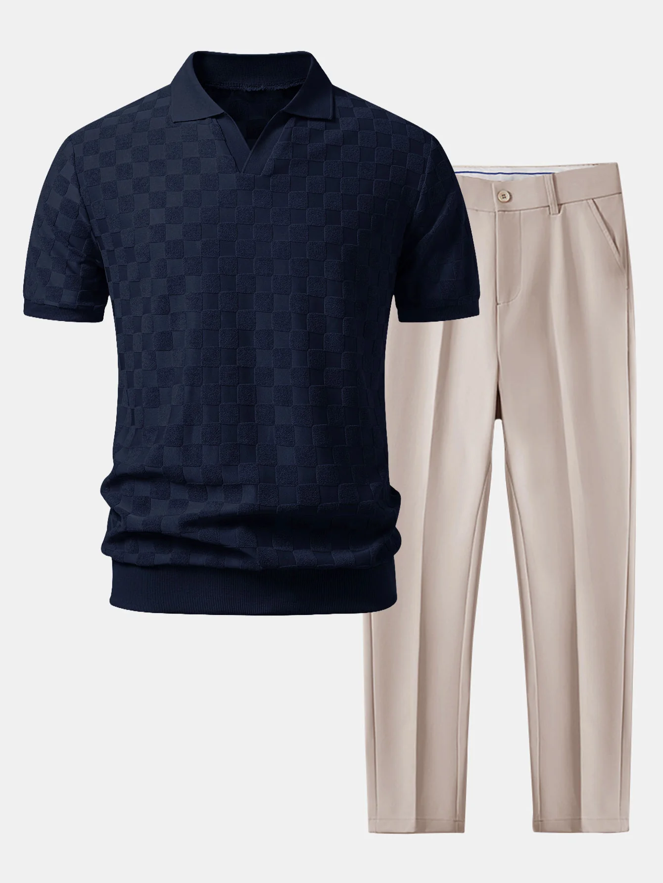 Checkerboard V-Neck Knit Polo & Slim Fit Tapered Trousers - Image 3