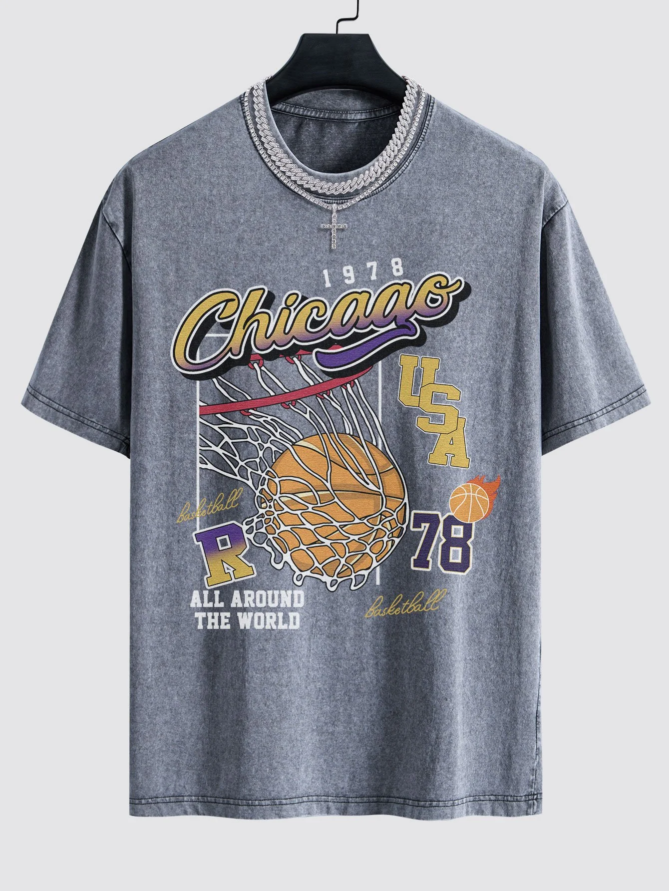 Chicago Basketball Print Gewaschenes Drop Shoulder Oversize T-Shirt - Image 3