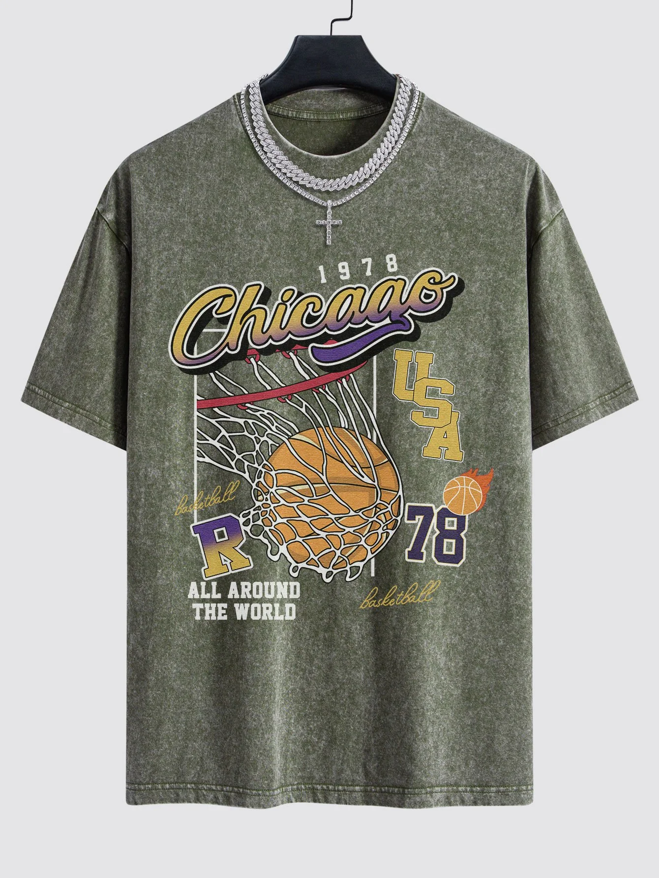 Chicago Basketball Print Gewaschenes Drop Shoulder Oversize T-Shirt - Image 4