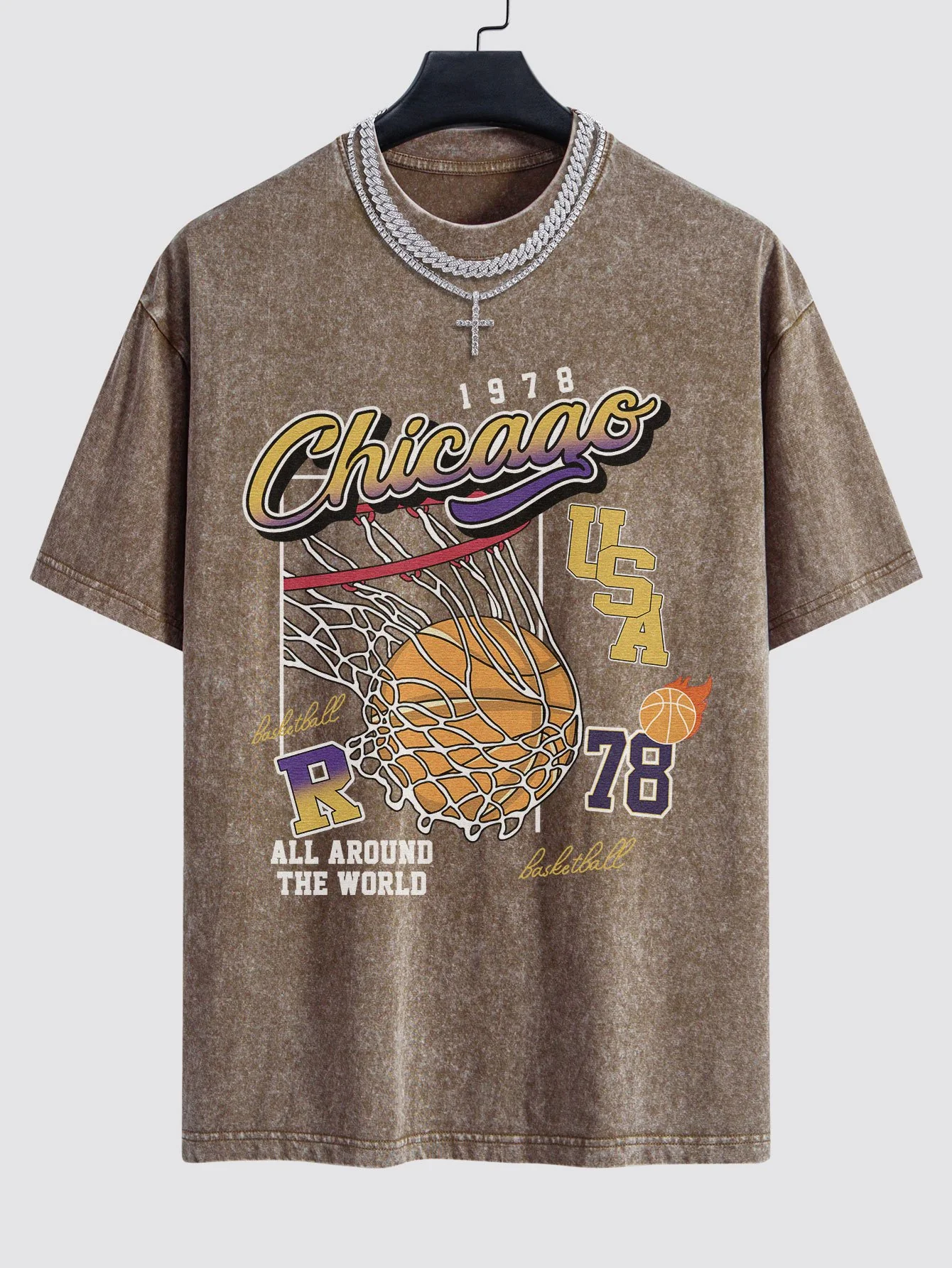 Chicago Basketball Print Gewaschenes Drop Shoulder Oversize T-Shirt - Image 5