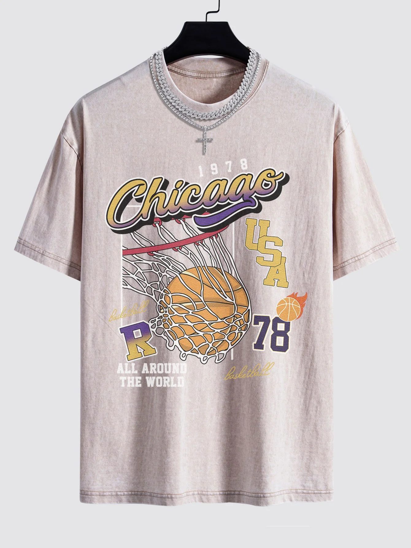 Chicago Basketball Print Gewaschenes Drop Shoulder Oversize T-Shirt - Image 6