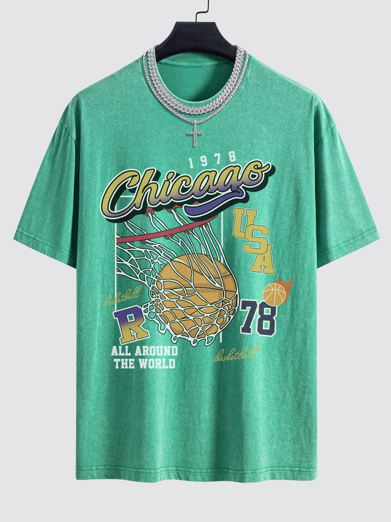 Chicago Basketball Print Gewaschenes Drop Shoulder Oversize T-Shirt - Image 7