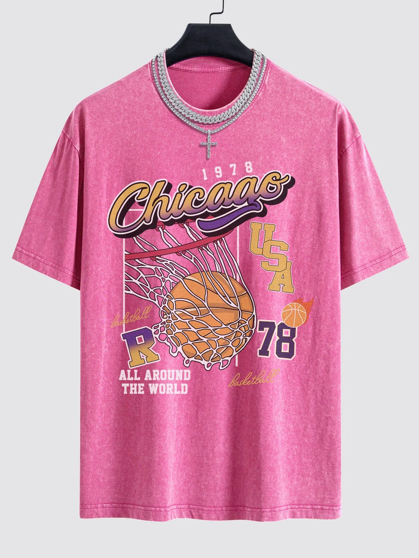 Chicago Basketball Print Gewaschenes Drop Shoulder Oversize T-Shirt - Image 9