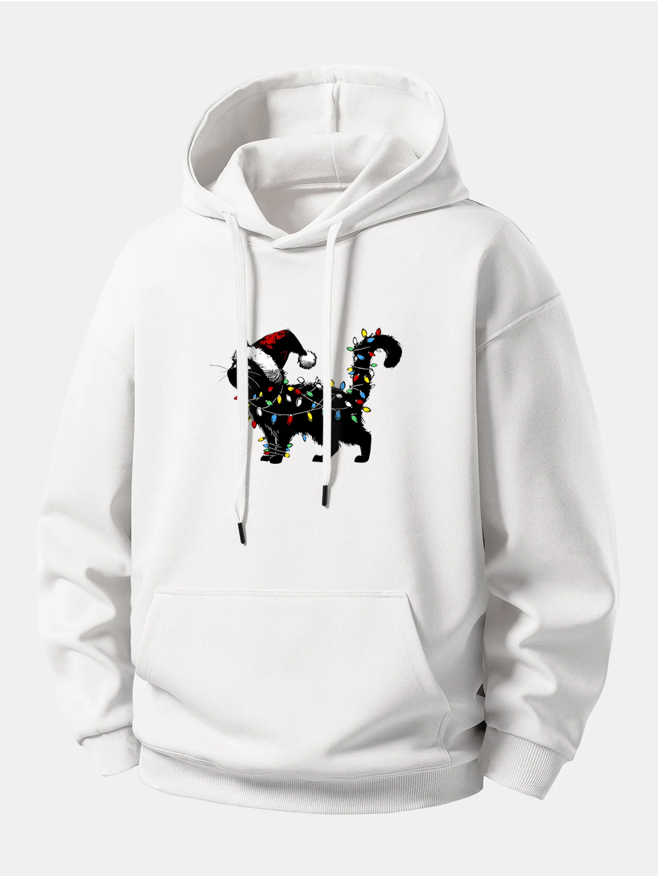 Christmas Colorful Light Black Cat Print Relax Fit Hoodie - Image 10