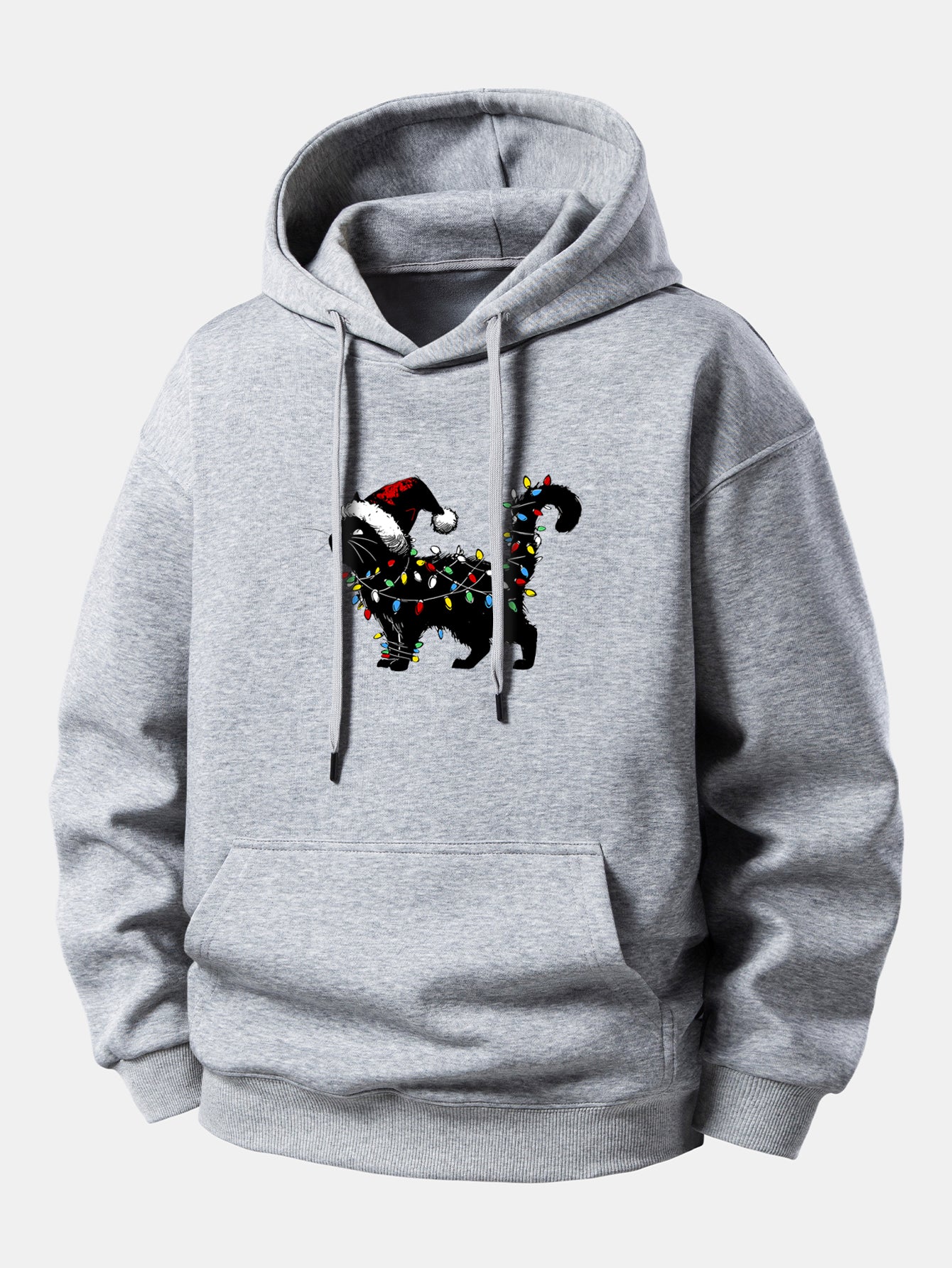 Christmas Colorful Light Black Cat Print Relax Fit Hoodie - Image 11