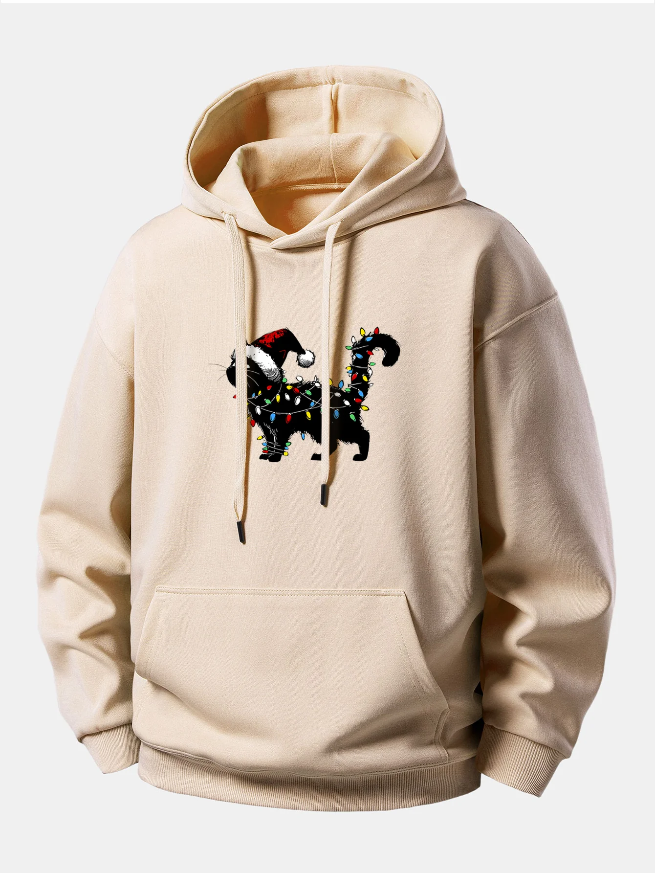 Christmas Colorful Light Black Cat Print Relax Fit Hoodie - Image 2