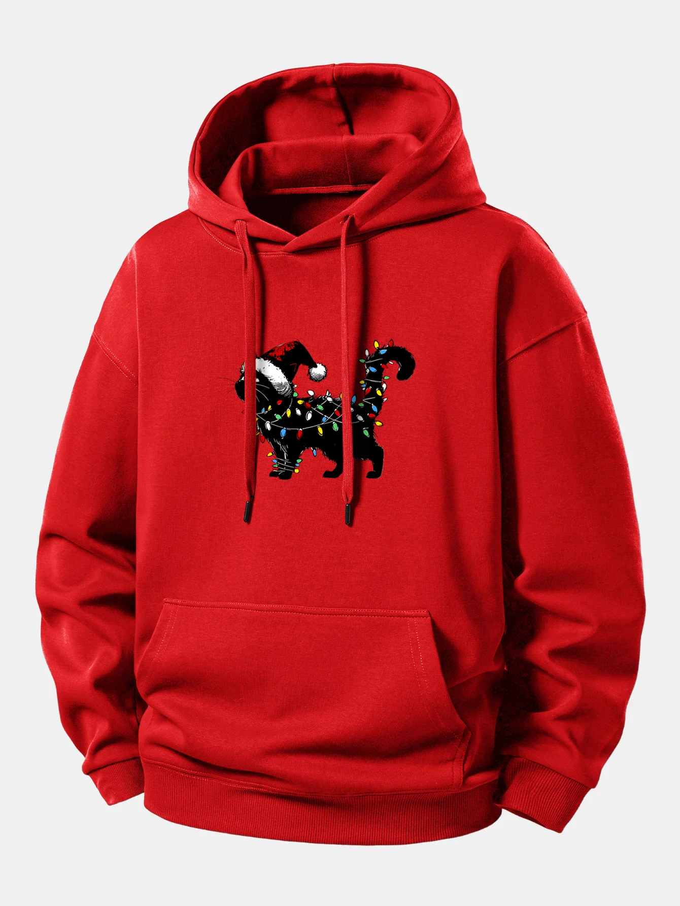 Christmas Colorful Light Black Cat Print Relax Fit Hoodie - Image 4