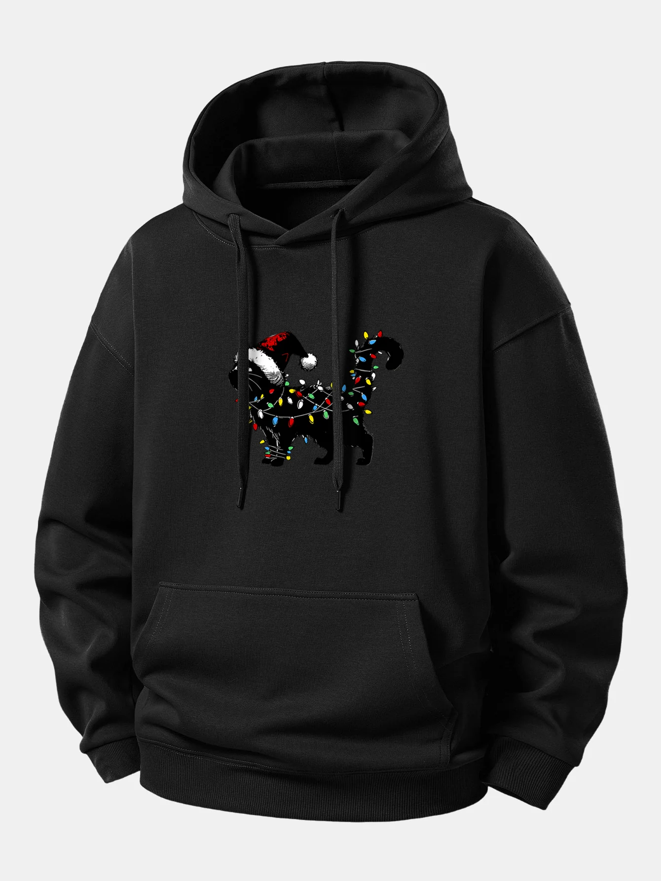 Christmas Colorful Light Black Cat Print Relax Fit Hoodie - Image 5