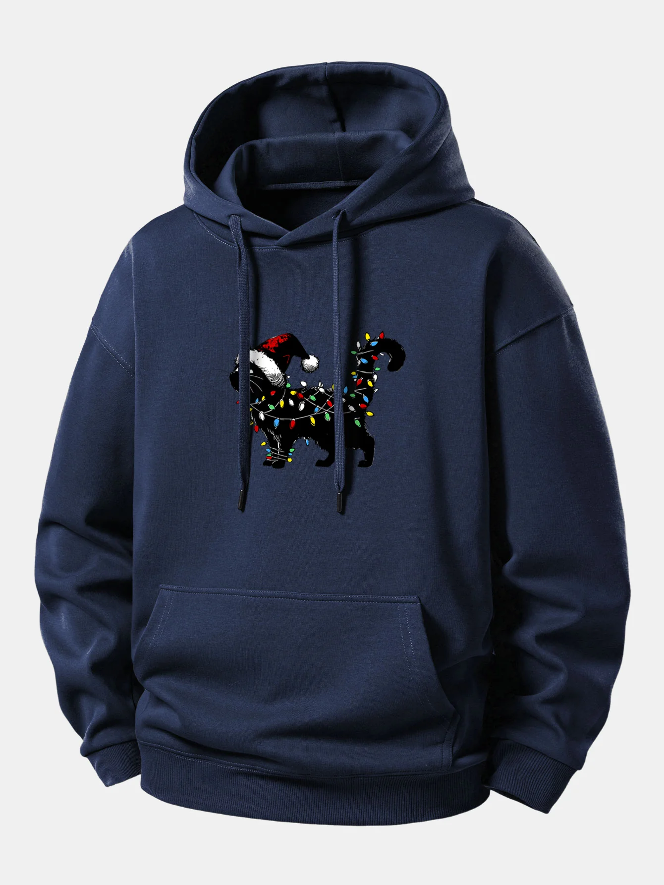 Christmas Colorful Light Black Cat Print Relax Fit Hoodie - Image 8