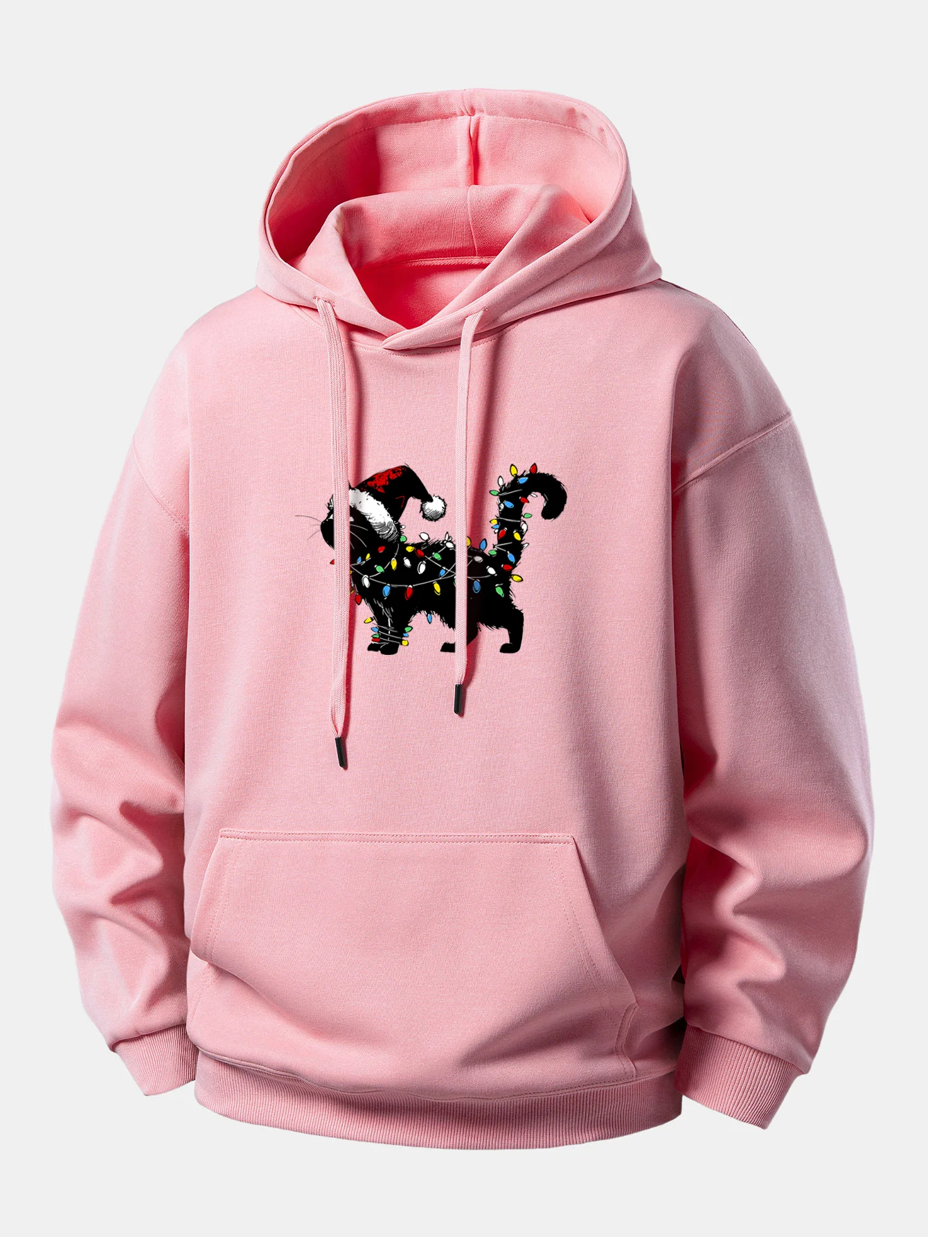 Christmas Colorful Light Black Cat Print Relax Fit Hoodie - Image 9