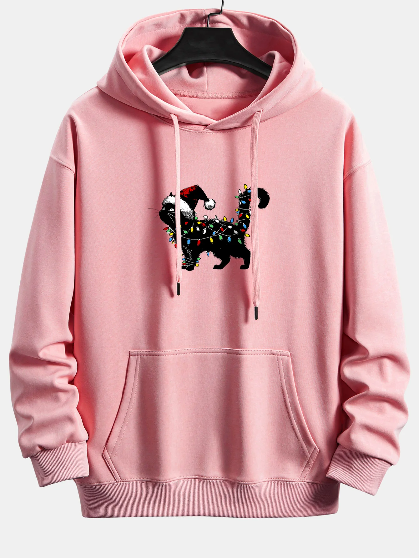 Christmas Colorful Light Black Cat Print Relax Fit Hoodie - Image 11