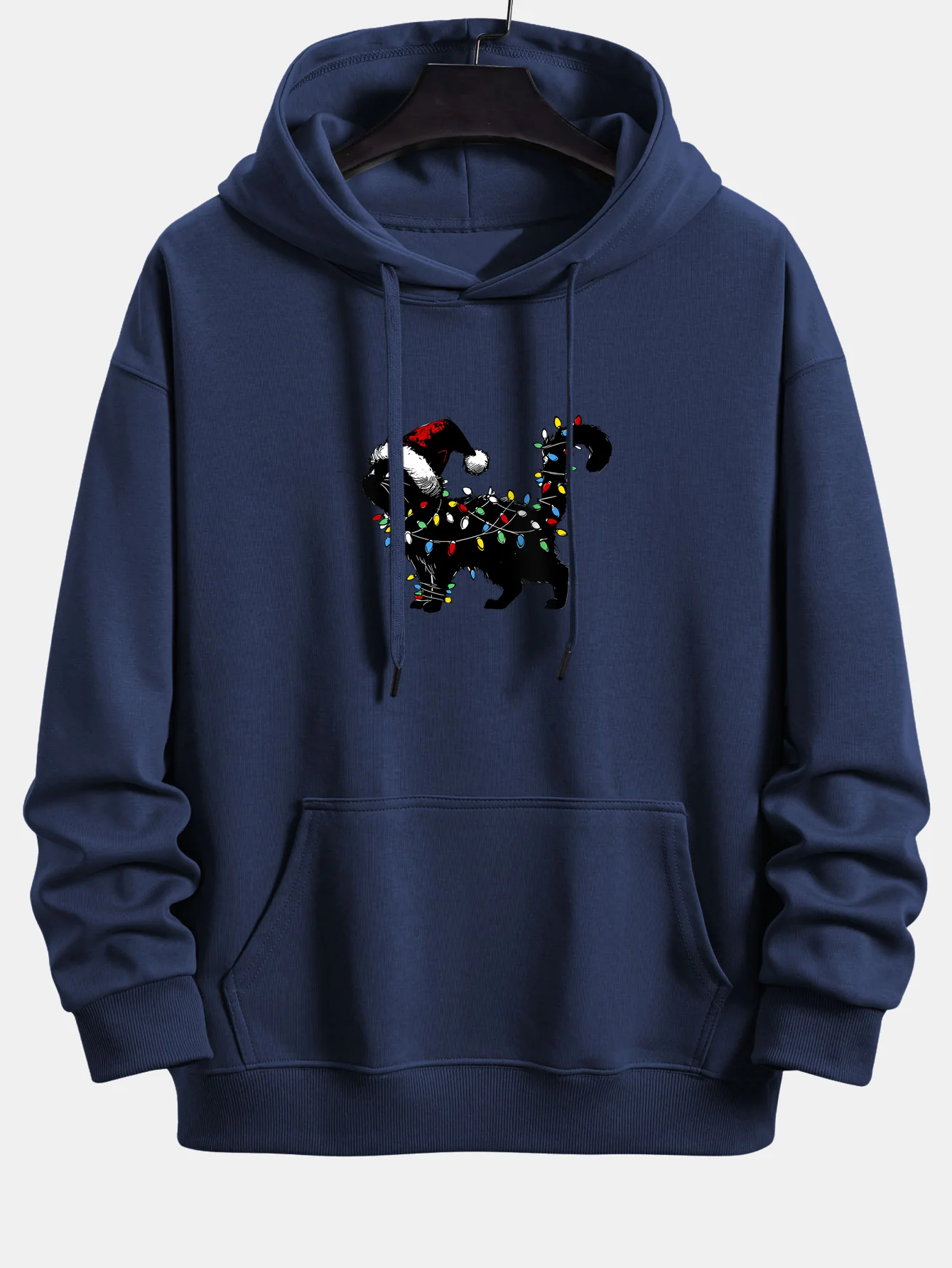 Christmas Colorful Light Black Cat Print Relax Fit Hoodie - Image 7