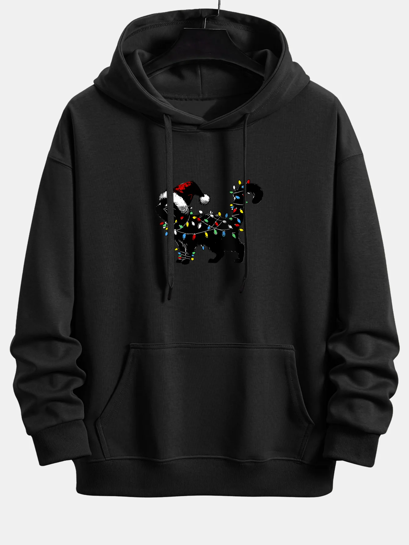 Christmas Colorful Light Black Cat Print Relax Fit Hoodie - Image 8