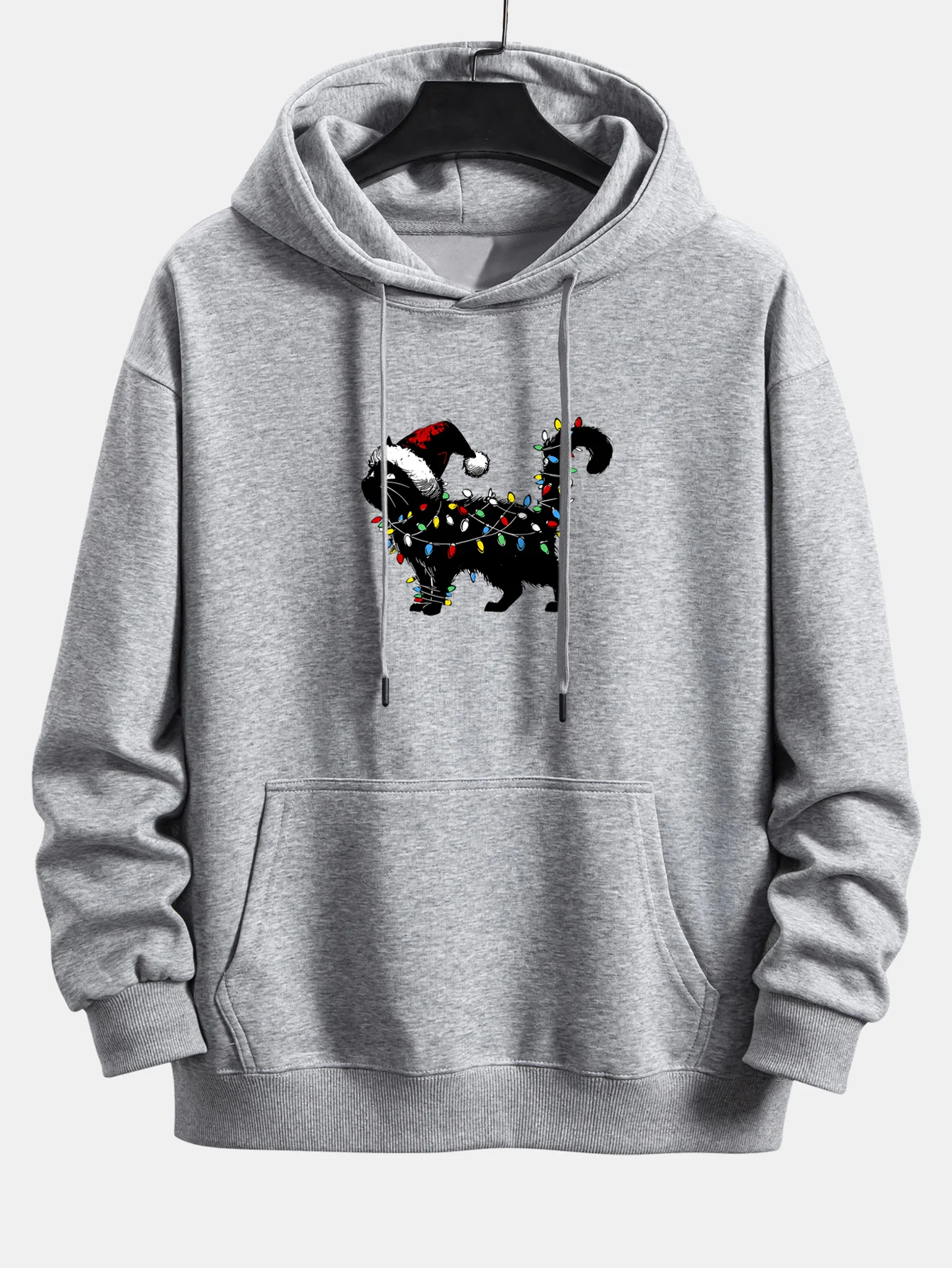 Christmas Colorful Light Black Cat Print Relax Fit Hoodie - Image 9
