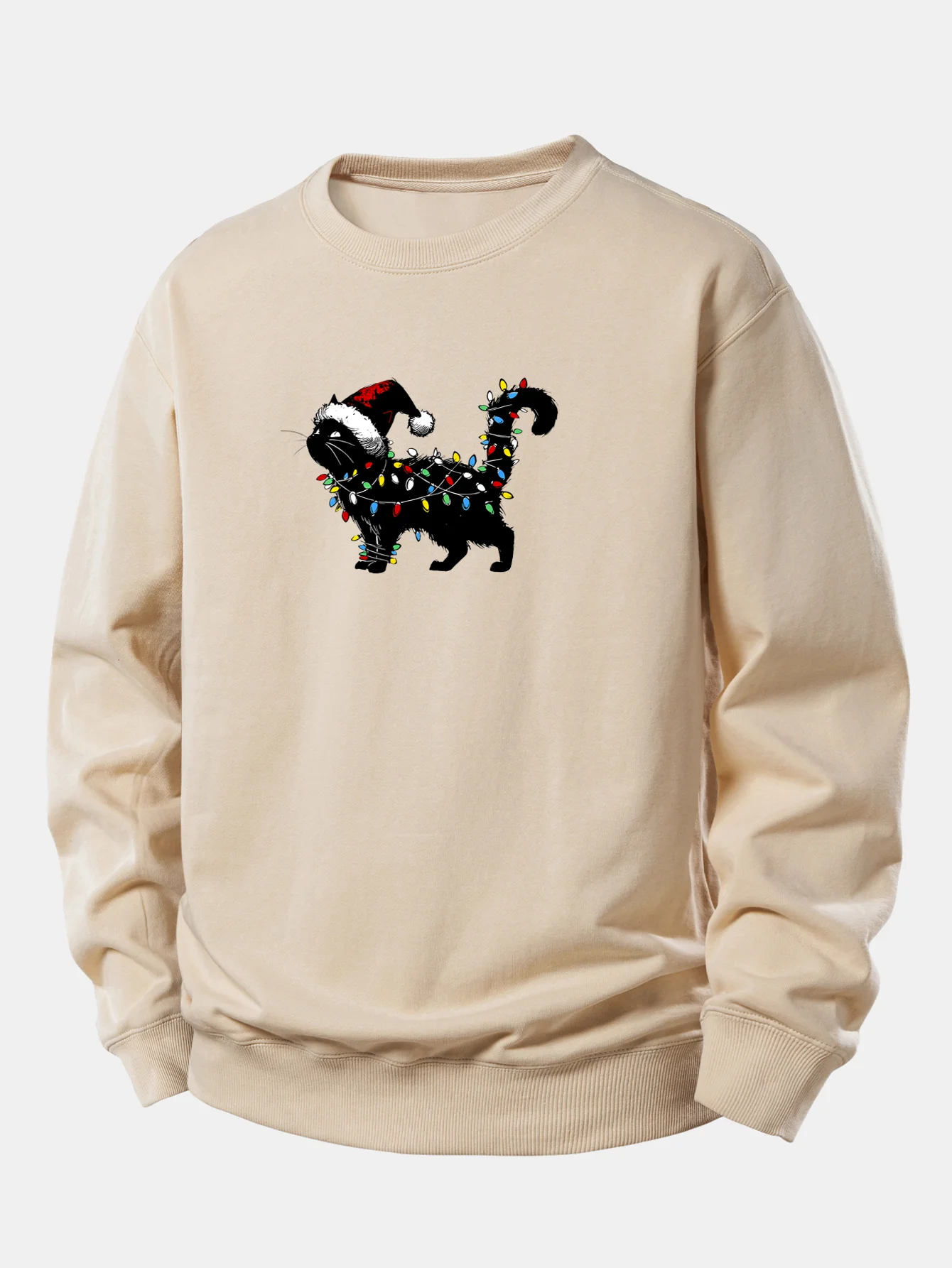 Christmas Colorful Light Black Cat Print Relax Fit Sweatshirt - Image 2