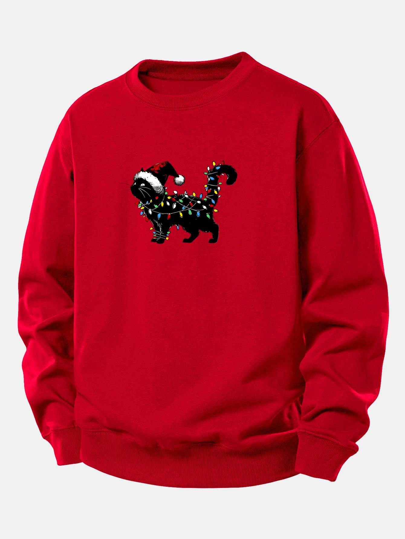 Christmas Colorful Light Black Cat Print Relax Fit Sweatshirt - Image 3