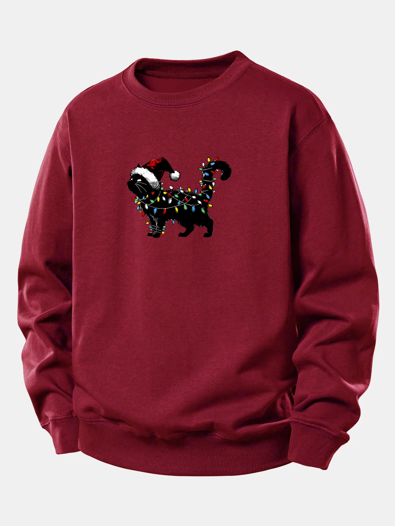 Christmas Colorful Light Black Cat Print Relax Fit Sweatshirt - Image 4