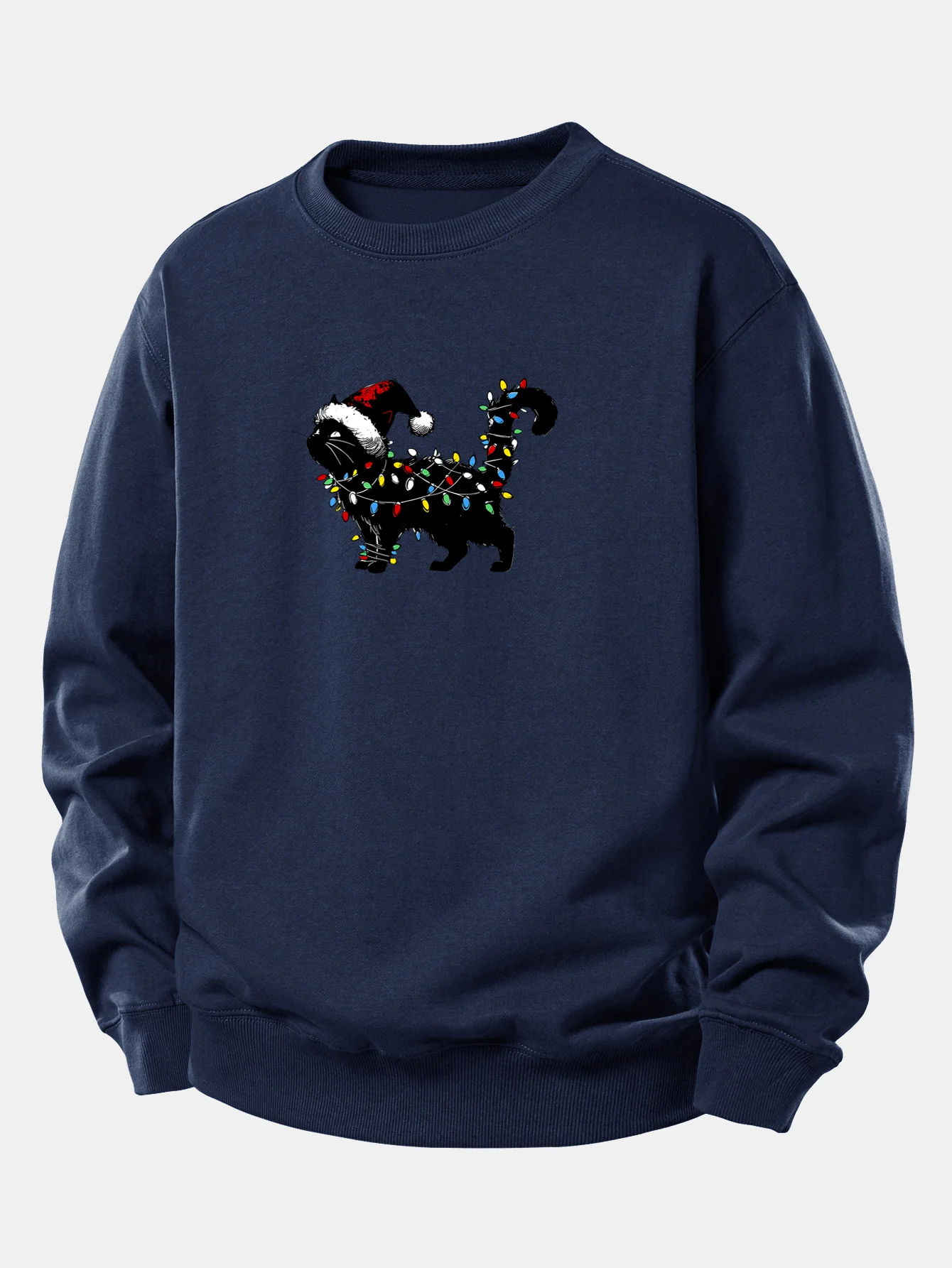 Christmas Colorful Light Black Cat Print Relax Fit Sweatshirt - Image 5