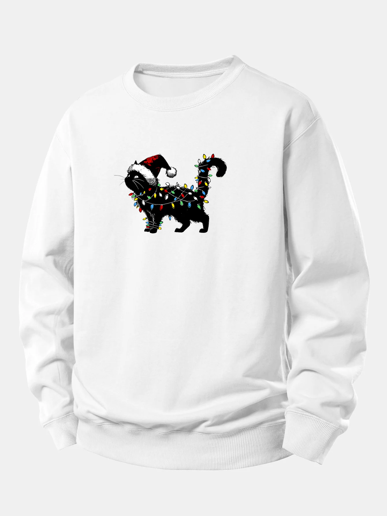 Christmas Colorful Light Black Cat Print Relax Fit Sweatshirt - Image 6