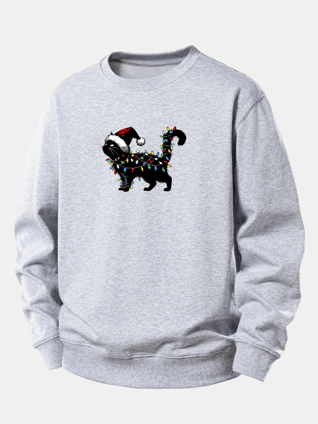 Christmas Colorful Light Black Cat Print Relax Fit Sweatshirt - Image 7