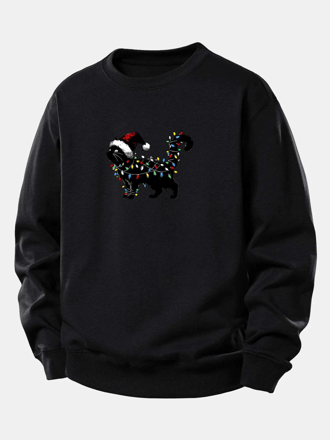 Christmas Colorful Light Black Cat Print Relax Fit Sweatshirt - Image 8