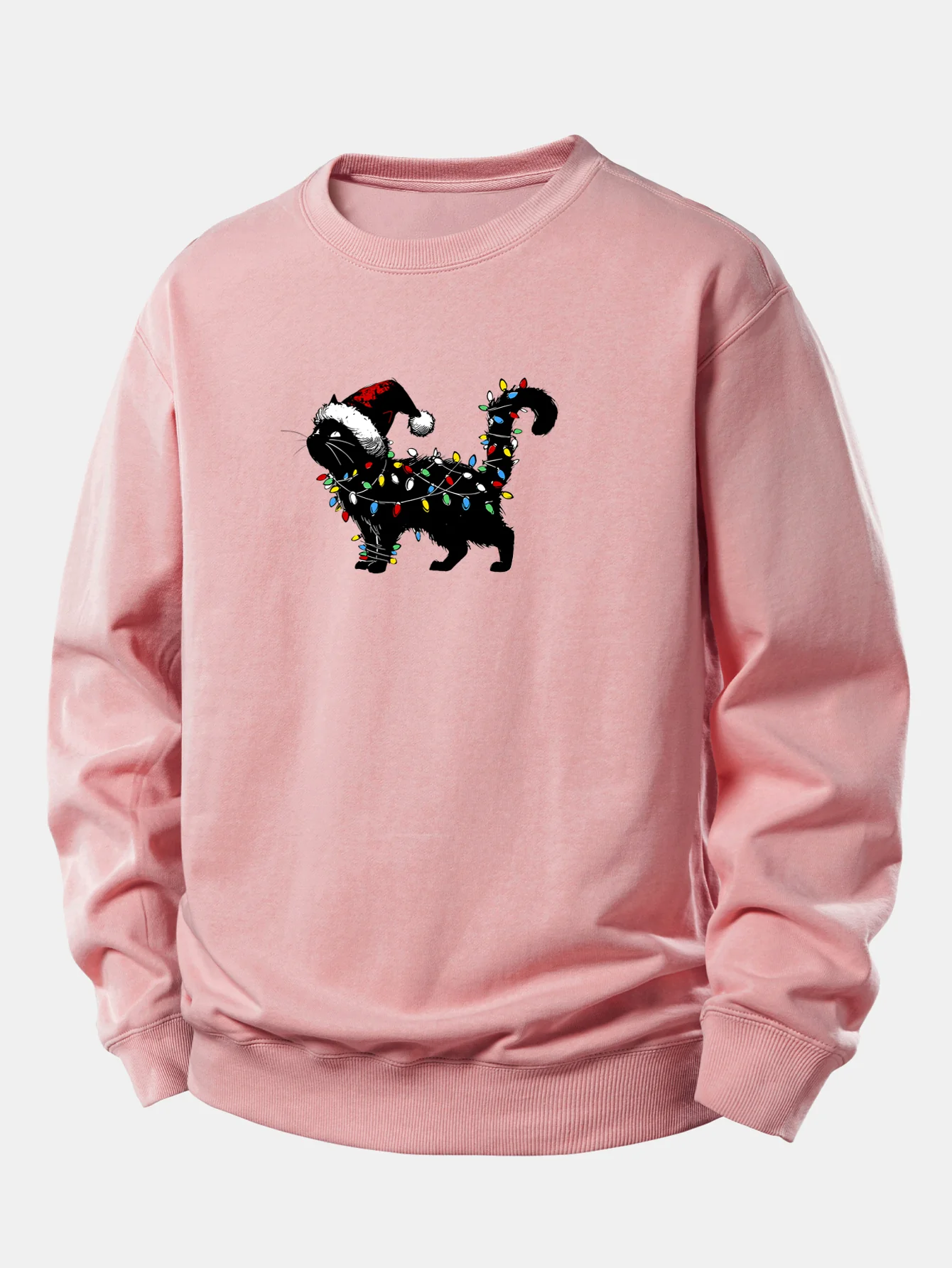 Christmas Colorful Light Black Cat Print Relax Fit Sweatshirt - Image 9