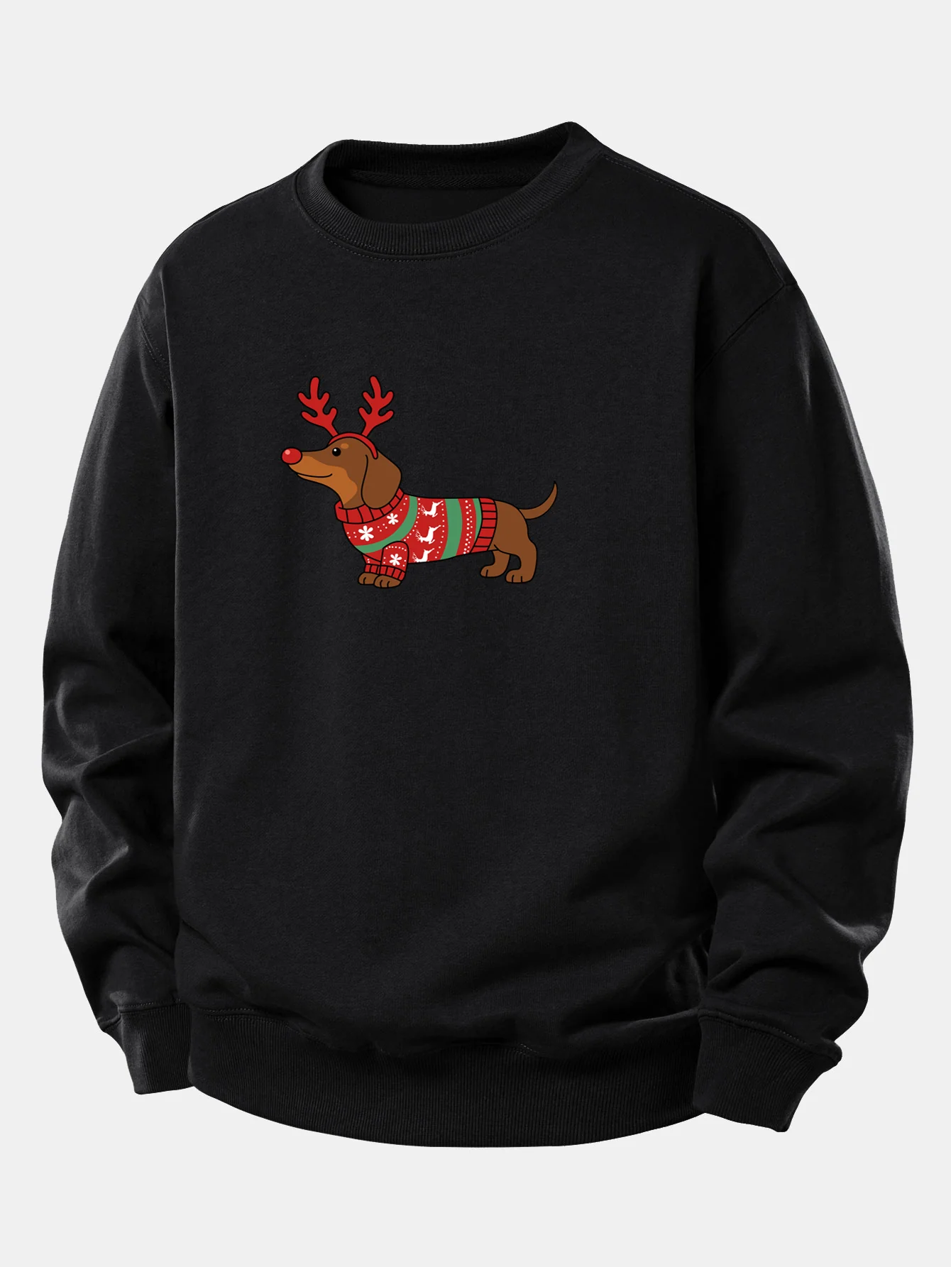 Christmas Dachshund With Reindeer Antlers Print Relax Fit Sweatshirt - Image 2
