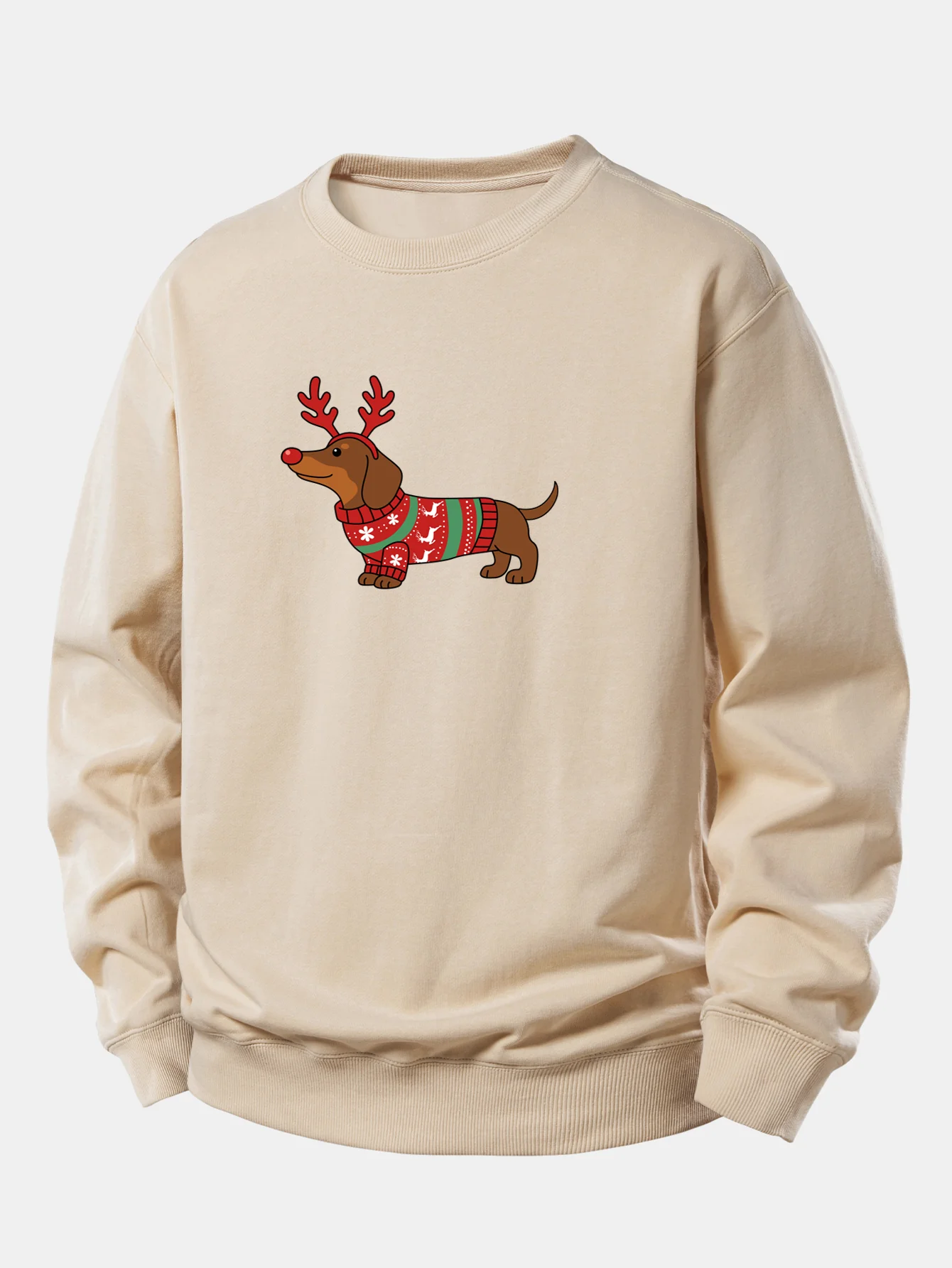 Christmas Dachshund With Reindeer Antlers Print Relax Fit Sweatshirt - Image 4