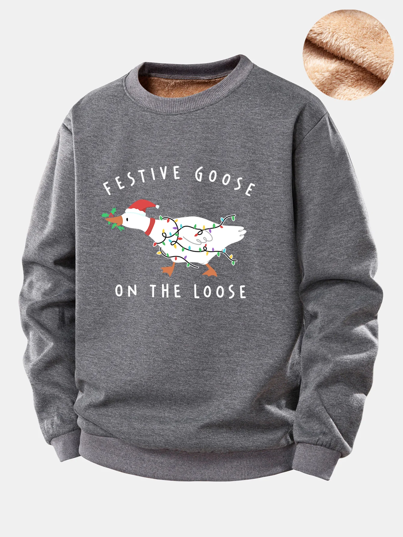 Christmas Goose Print Teddy Fleece Lined Sweatshirt - Image 4