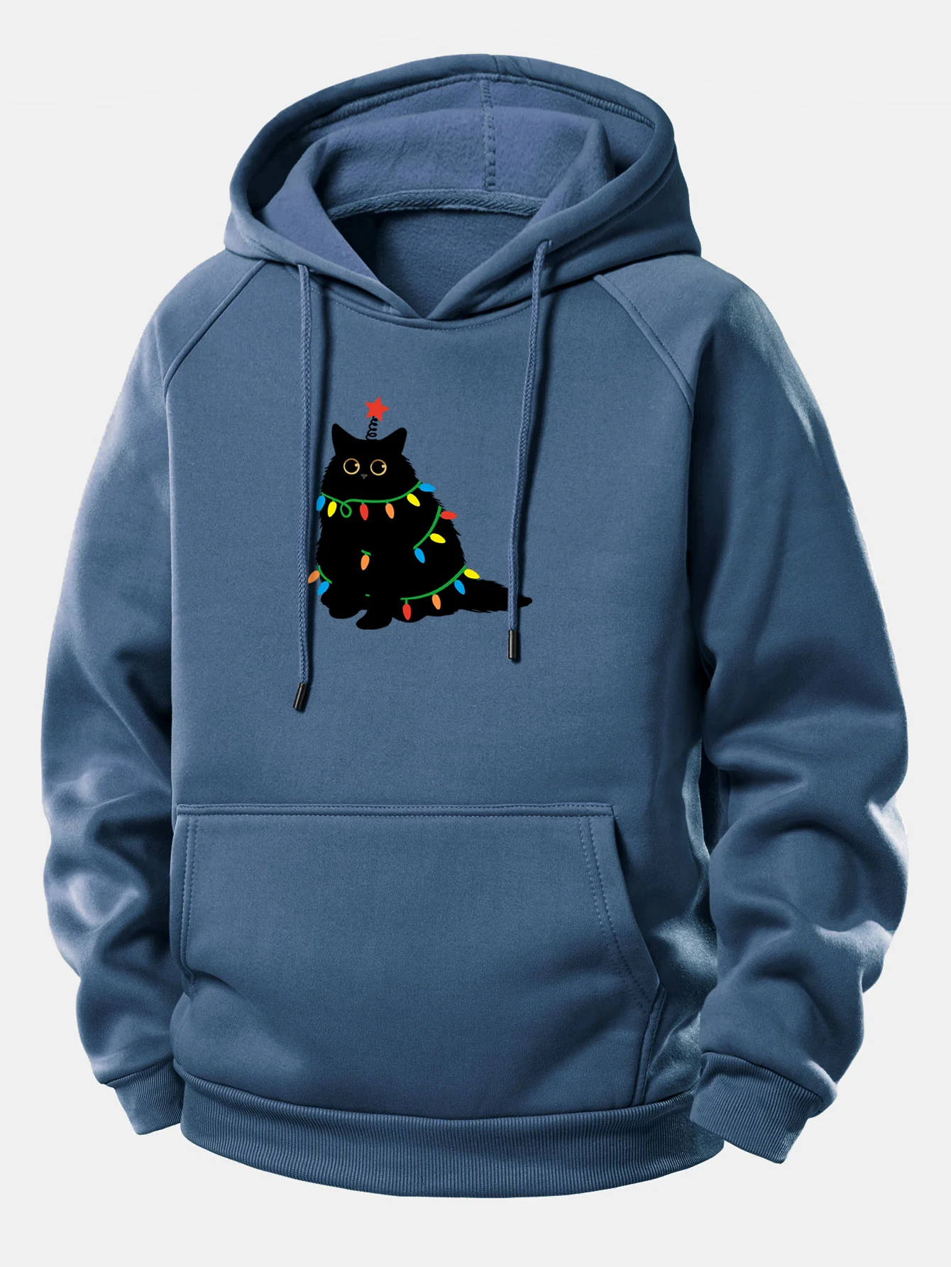 Weihnachtslichter Schwarze Katze Druck Kordelzug Kapuzenpullover - Image 10
