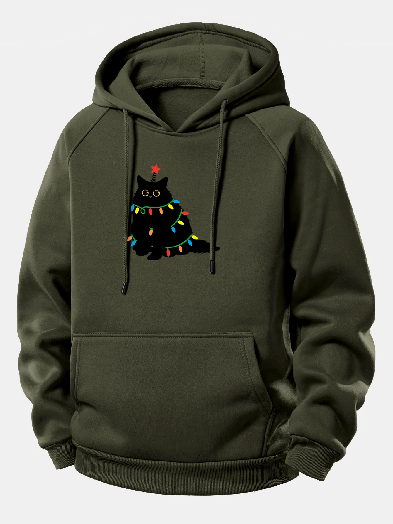 Weihnachtslichter Schwarze Katze Druck Kordelzug Kapuzenpullover - Image 11